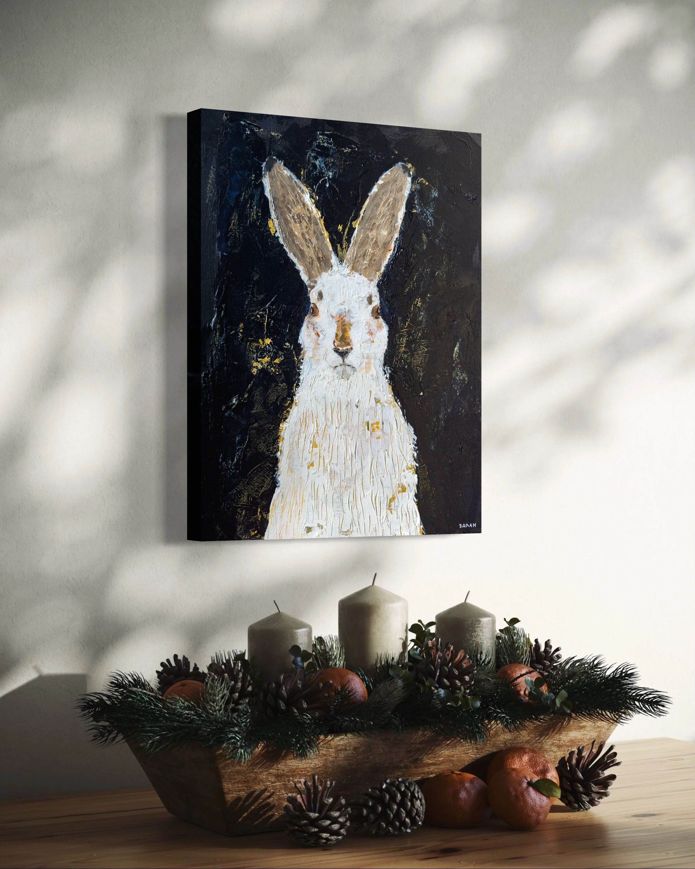 Acrylic mountain hare painting in a modern dining room setting by contemporary artist John Baran.