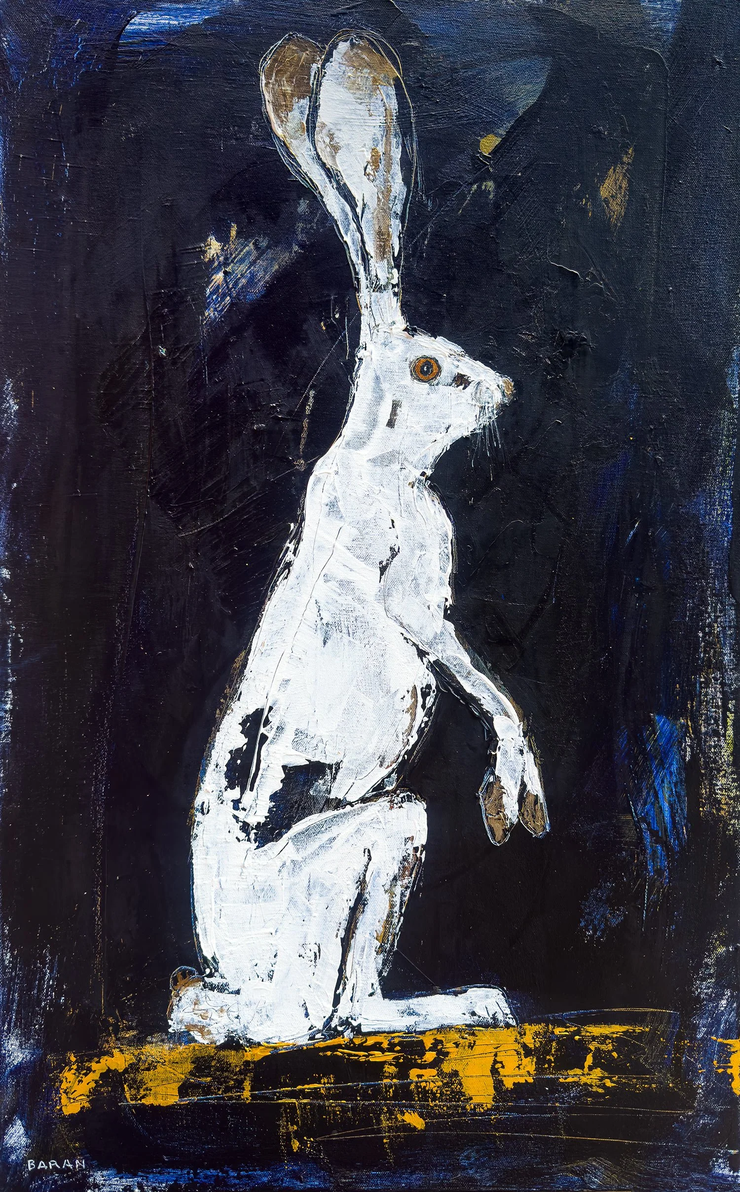 Pensive White Hare acrylic painting by John Baran