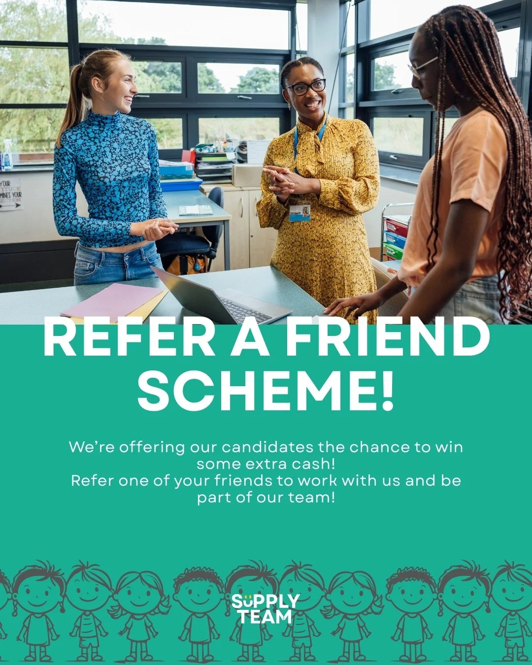 Have you heard of our Refer a Friend Scheme?!🤝🏼

We're looking for some new faces to join our agency and become part of the Teaching Assistants team!
If you've got any friends that are keen to work in Education and would like to get involved then g