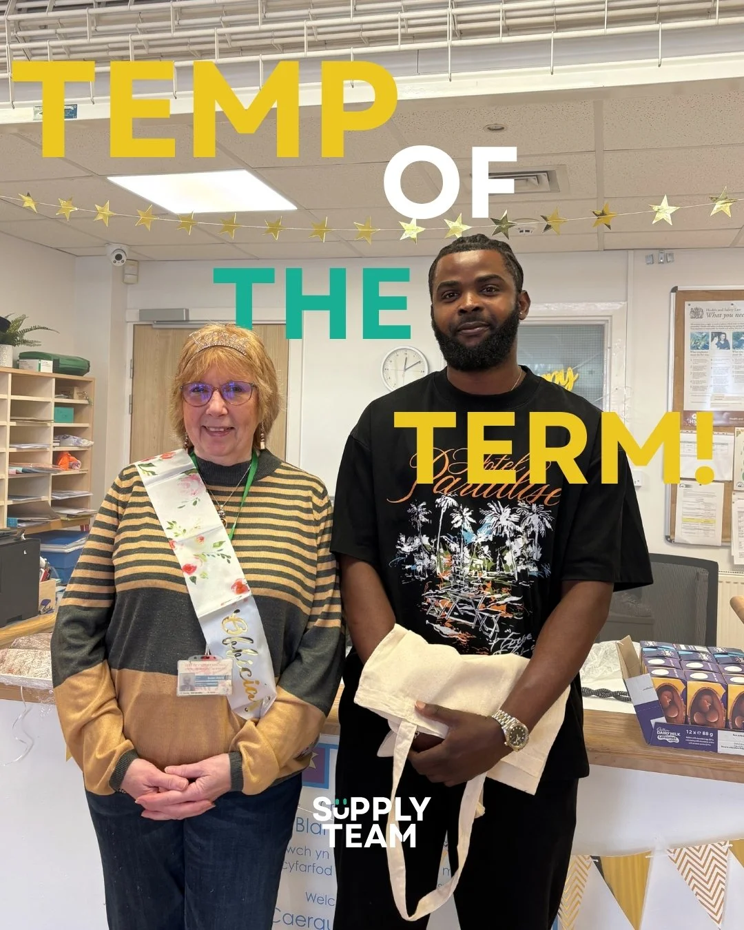 Our Temp of the Term for Easter is David!🤩
David has been getting excellent feedback from our primary schools and nurseries, they often fight over who can book him in quickly enough!
He's pictured here with Sue from the Ely and Caerau Children's cen
