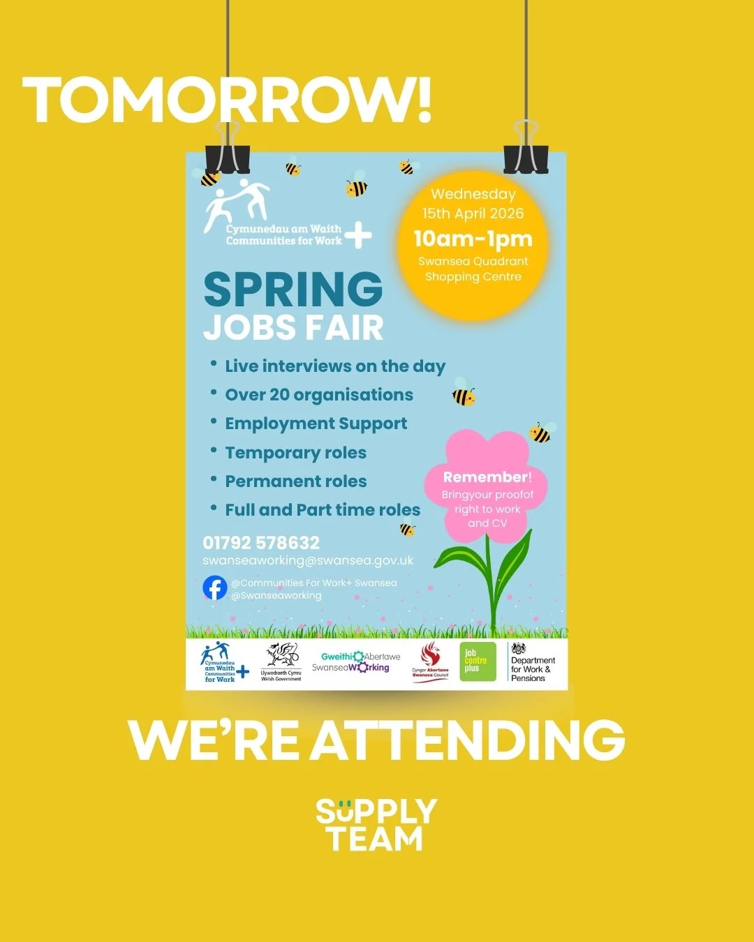 TOMORROW!
We'll be attending the Swansea Spring Jobs Fair!

📍 Swansea Quadrant Shopping Centre
⏰ 10am - 1pm

Stop by and have a chat with us!🤩

#cardiffjobs #swanseajobs #teachingjobs #teaching #newportjobs #studentjobs #educationmatters #teachinga