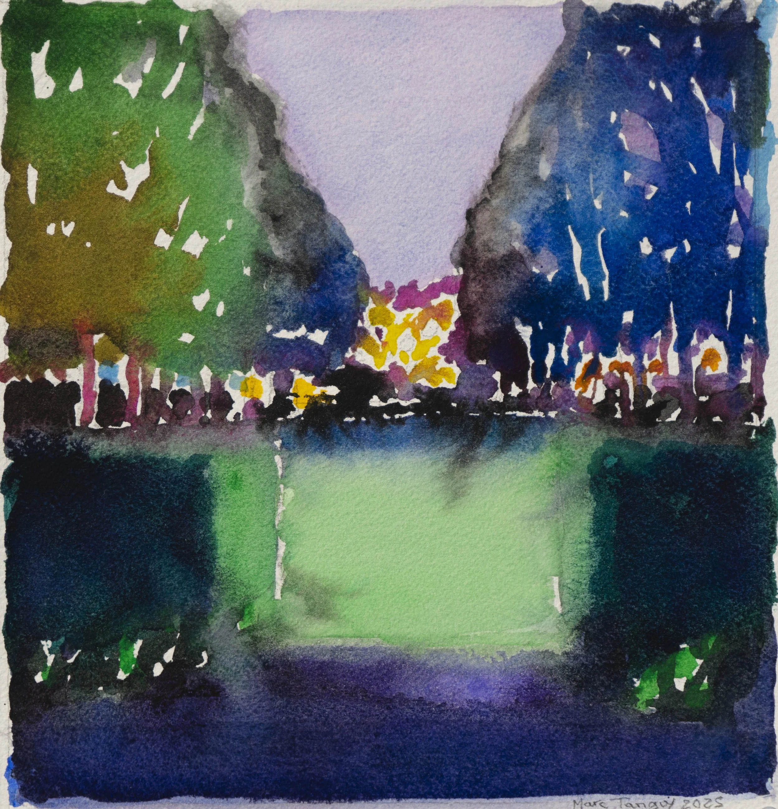 Jardin du Luxembourg, Nuit, 21,7x21,8cm. Aquarelle, 2025