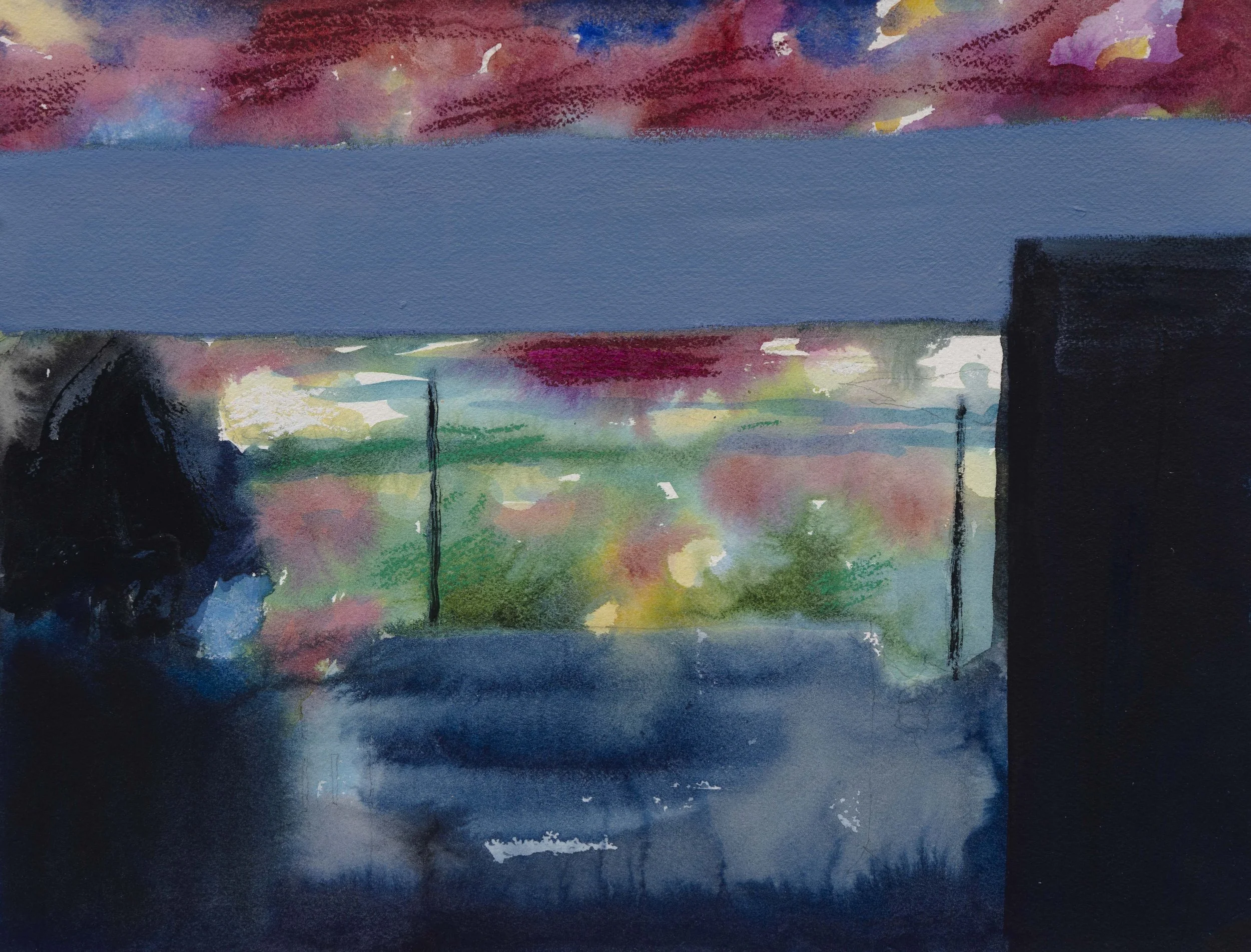 Traversée, 31x41cm. Aquarelle, pastel et acrylique sur papier monté sur panneau, 2025