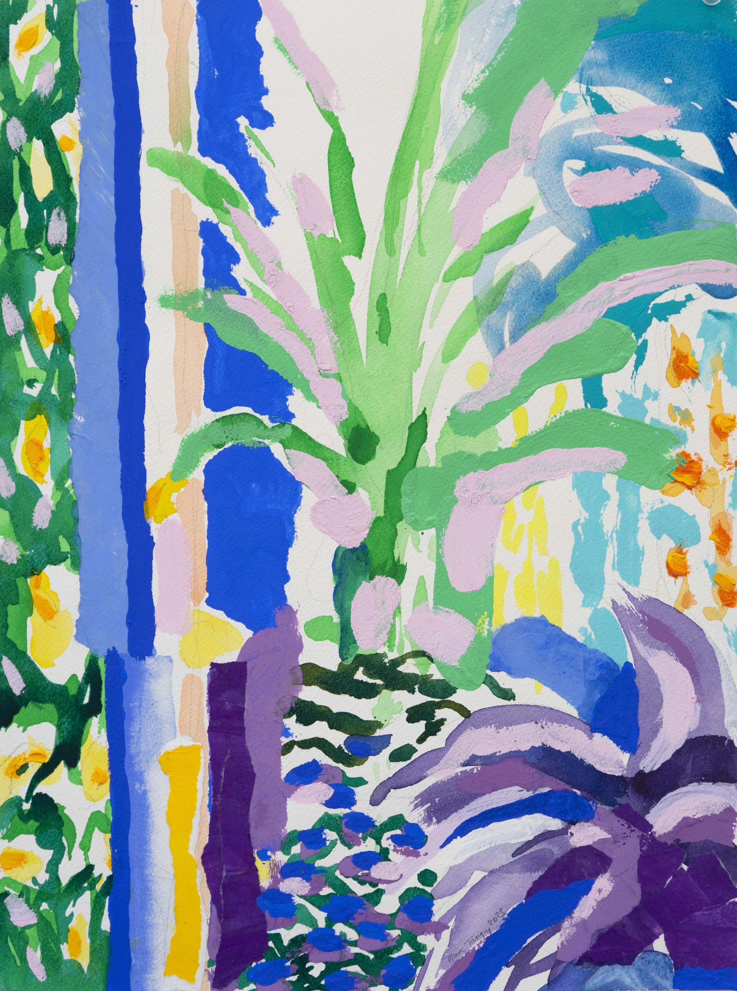 Palme, 31x41cm. Aquarelle, acrylique et collage sur papier, 2025