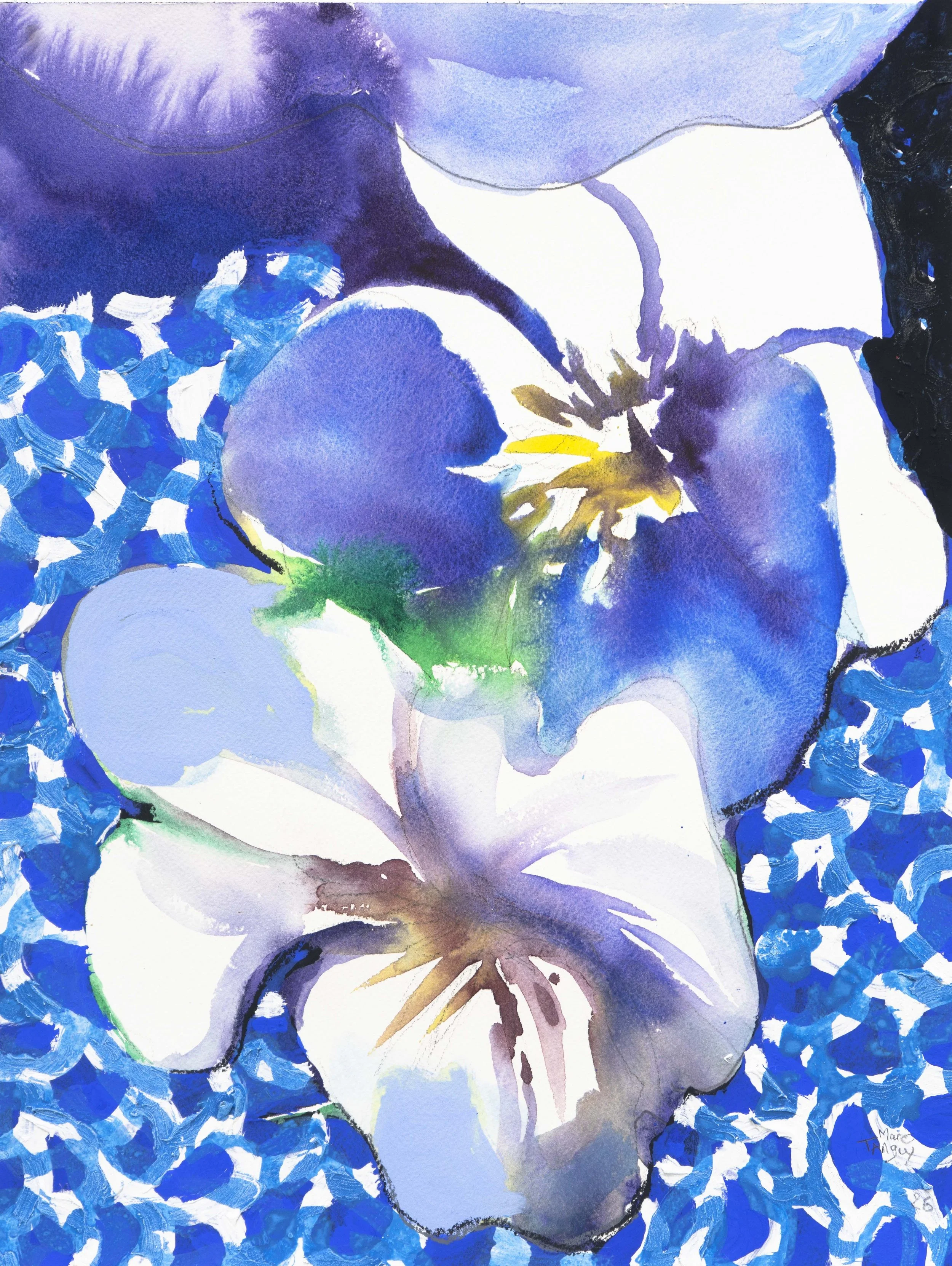  Fleurs (en bleu), 41x31cm. Aquarelle, acrylique sur papier monté sur panneau -  Flowers in Blue, 16.1 × 12.2 inches. Watercolor on board , 2026 