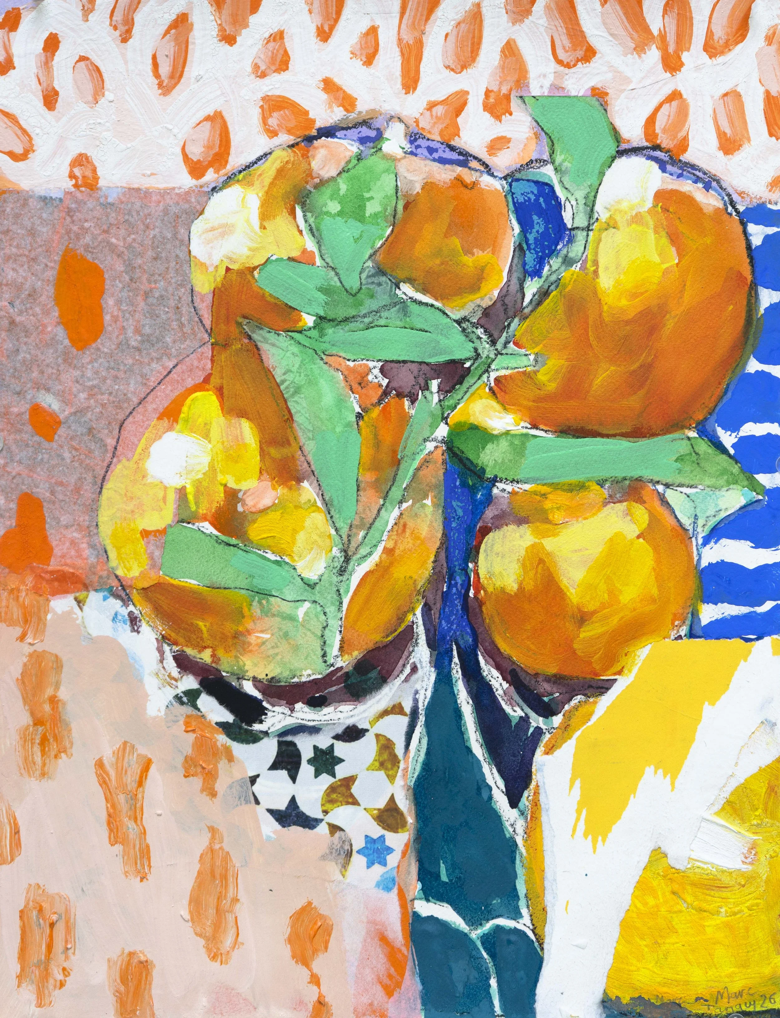  Five Fruits, 46x35,5cm. Aquarelle, acrylique et collage sur papier monté sur panneau - 18.1 × 14.0 inches. Watercolor, acylic and collage on paper on board , 2026 