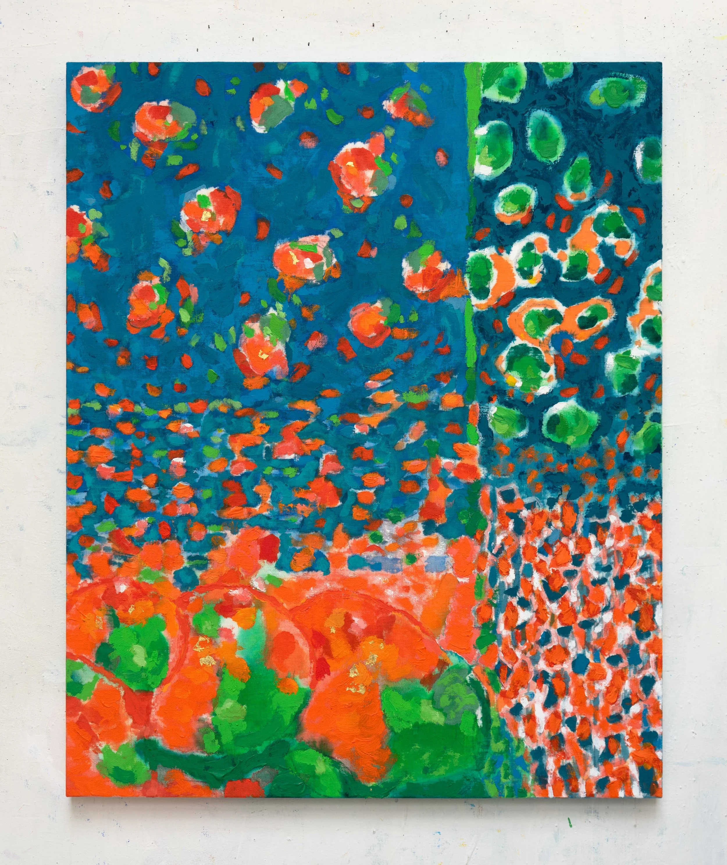  Rising Scent in Orange, Green and Blue, 100x81cm. Acrylique et feuille d’or sur toile de lin, 2024, pour Atelier Cologne Paris 