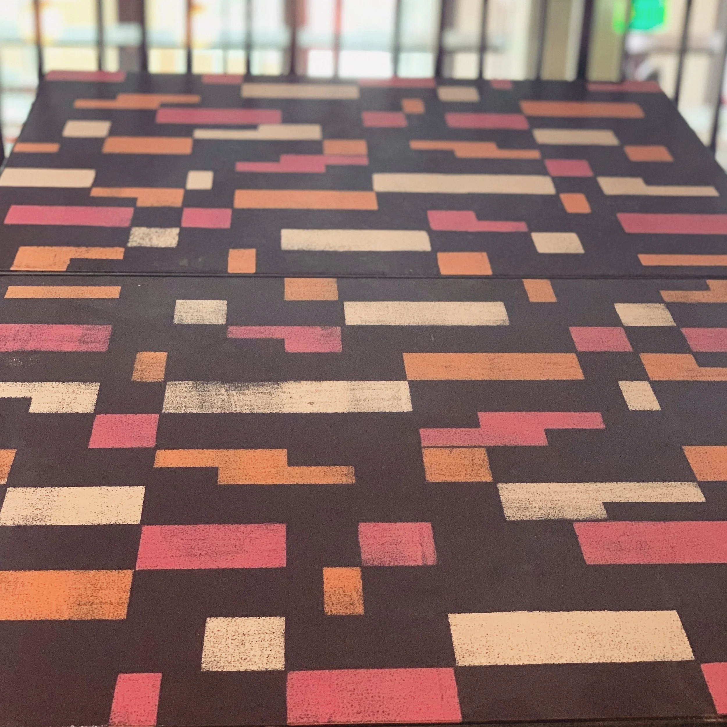 blue heron studio custom stencil design and installation. tables by b-10 union.