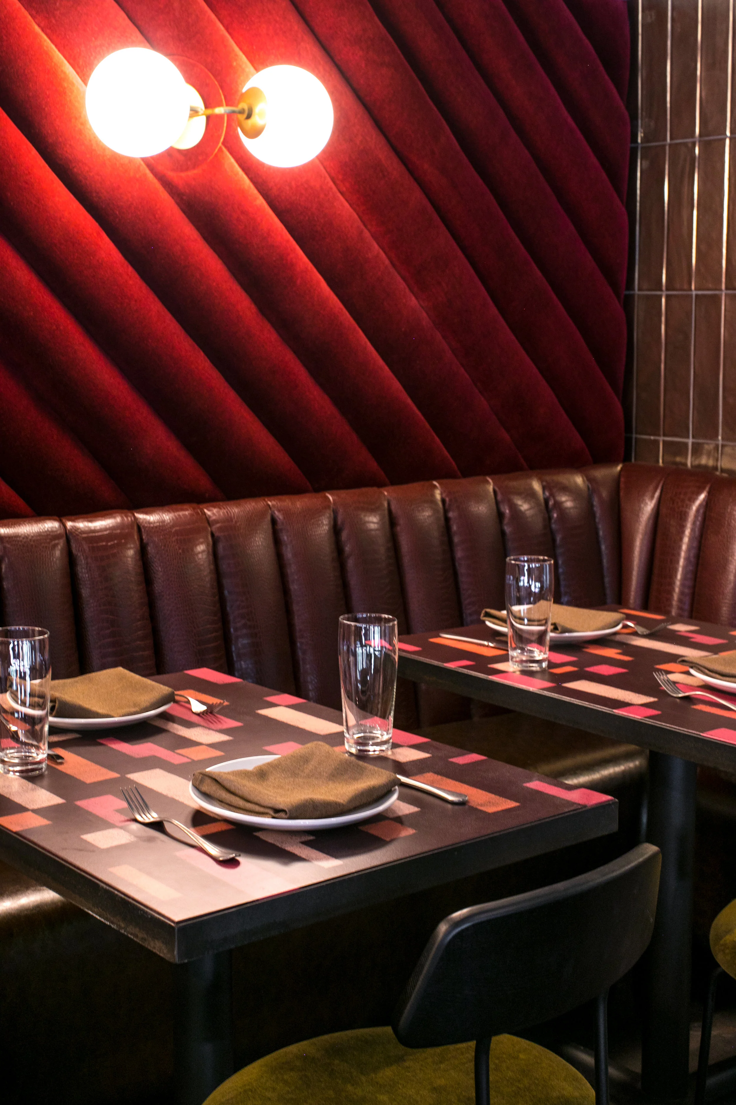 blue heron studio stenciled table tops. photo courtesy of heidi harris