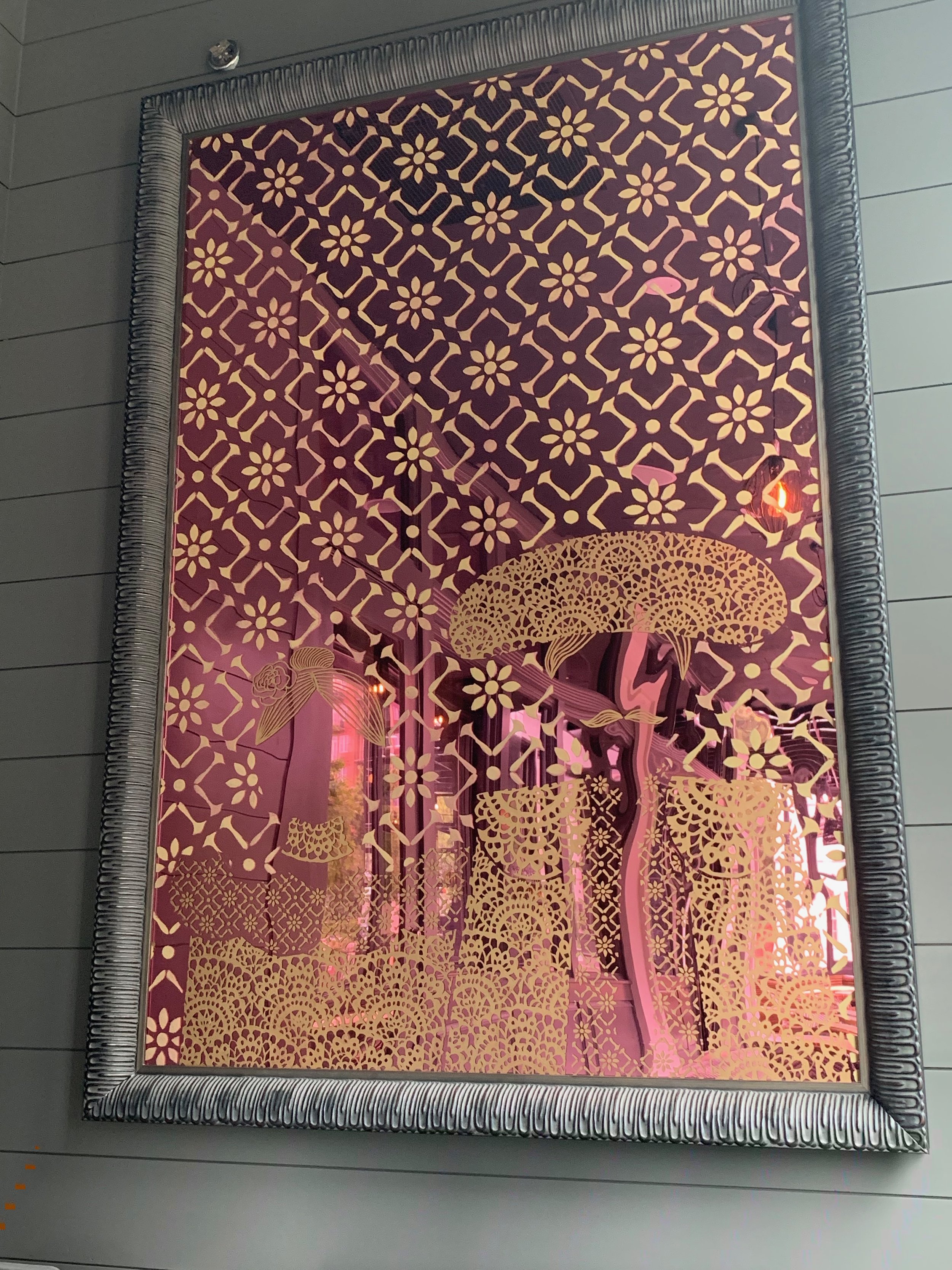 hand painted and stenciled “selfie” mirror. enamel paint on acrylic mirror. 4’ w x 6’ h