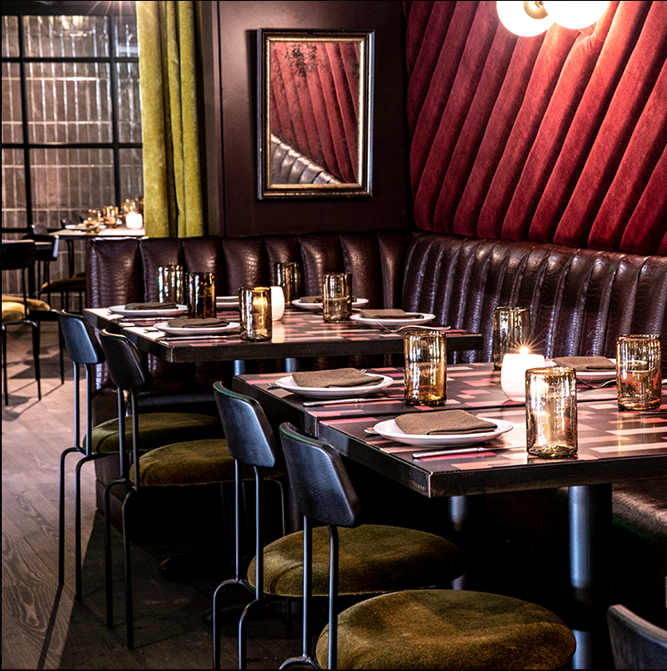 blue heron studio stenciled table tops at iberian pig buckhead. image courtesy of the iberian pig