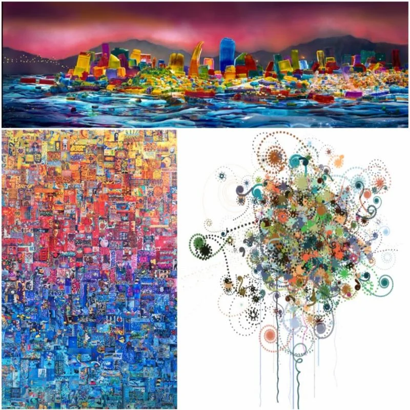 Clockwise, from top: photograph of San Francisco skyline made of Jell-O by Liz Hickok, custom image for wall covering by Carter Hodgkin, collage of photographs of Mission District graffiti by Rachel Leibman