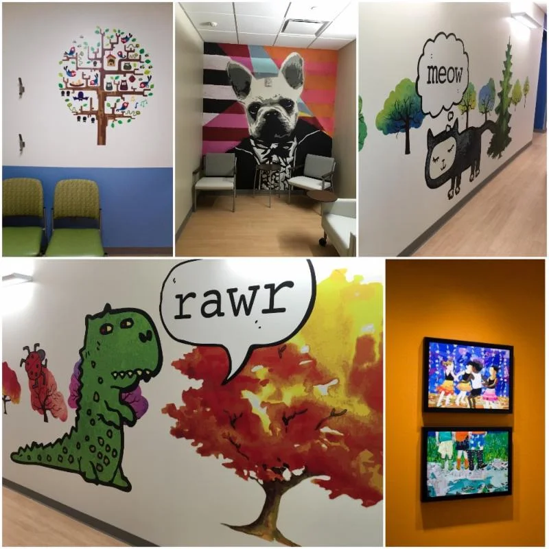 Clockwise from top left: wall decal for patient room, super graphic art by Kim McCarthy, custom designed cat and dinosaur corridor decals by Joyce Hsu, and prints on canvas by Mark Fraley