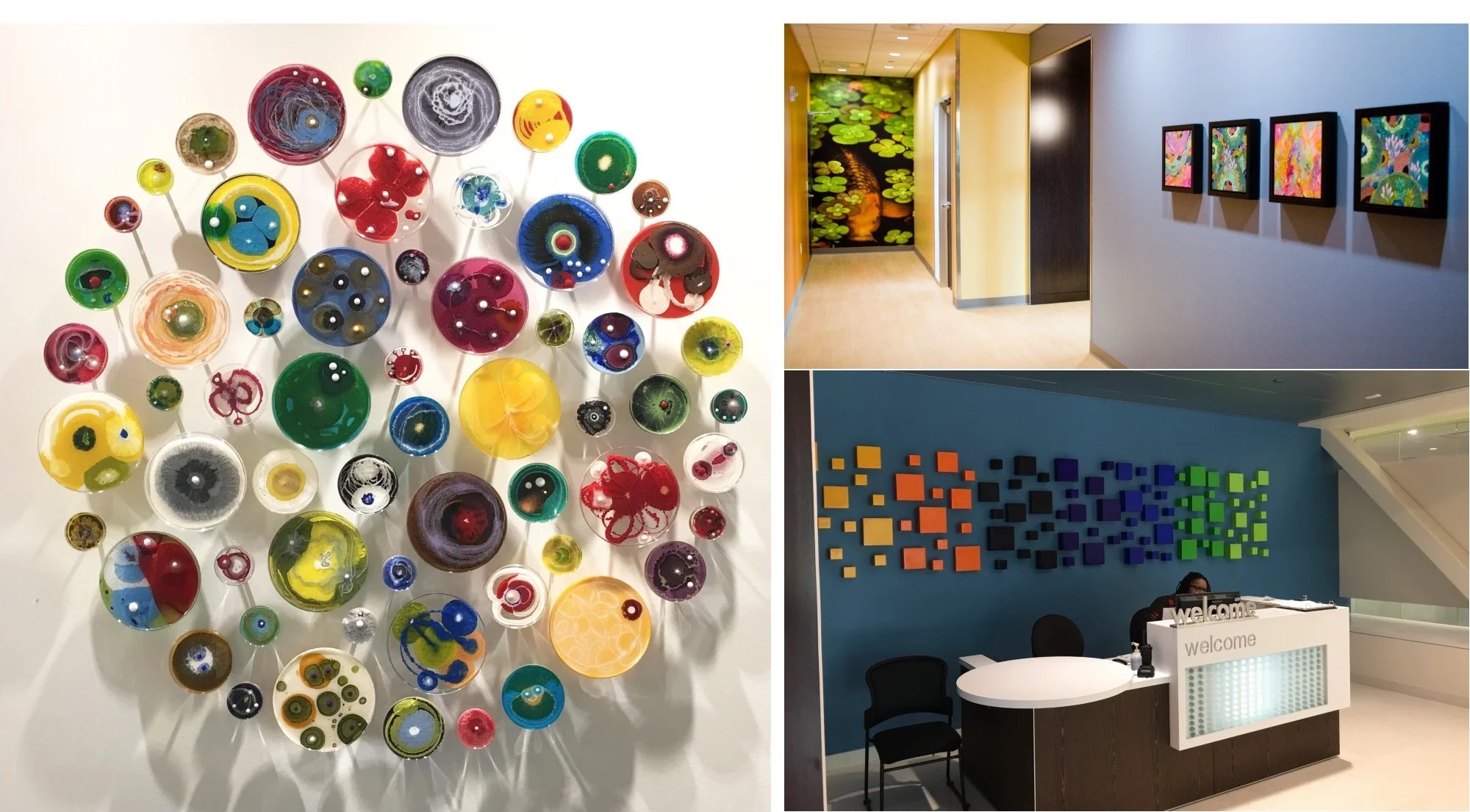 Custom sculpture installations by Klari Reis (left) and Libby Ware (bottom right), koi fish super graphic and paintings by Yellena James (top right)