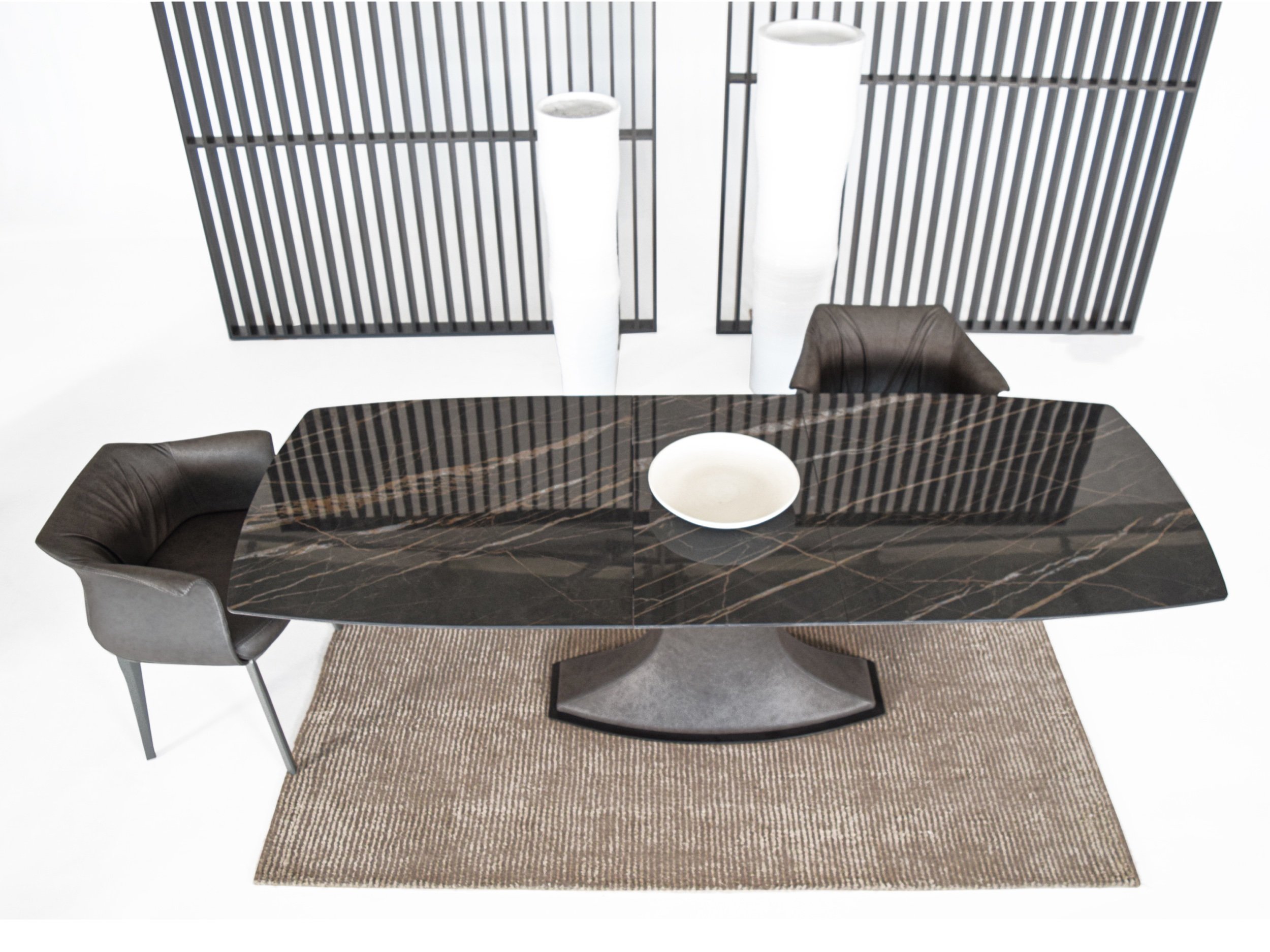 Top-down view of Amphora DC luxury dining chairs display