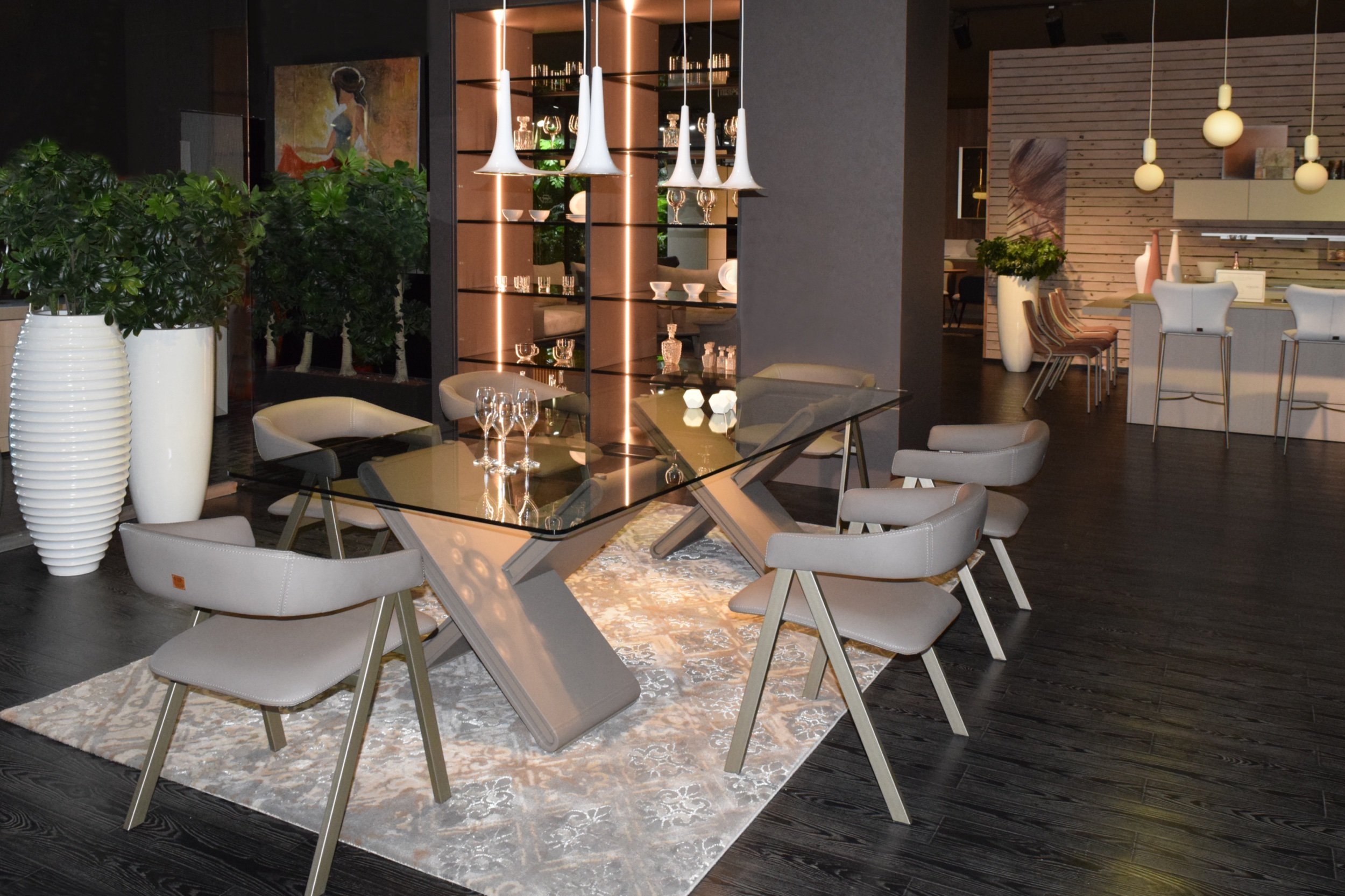 Front view of Antonia fabric dining chairs in dinning hall