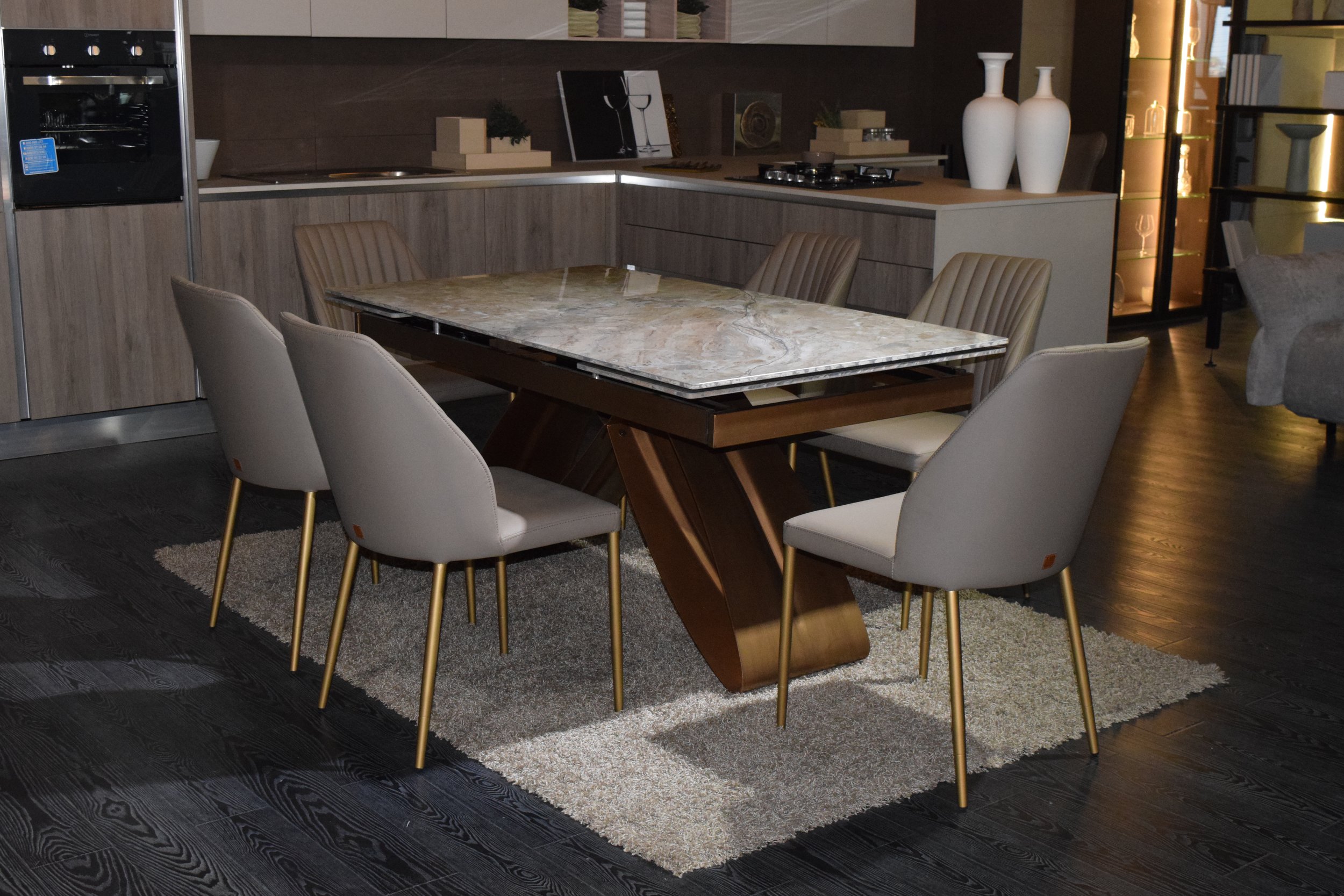 Amber comfy dining chairs display in a luxury restuarant