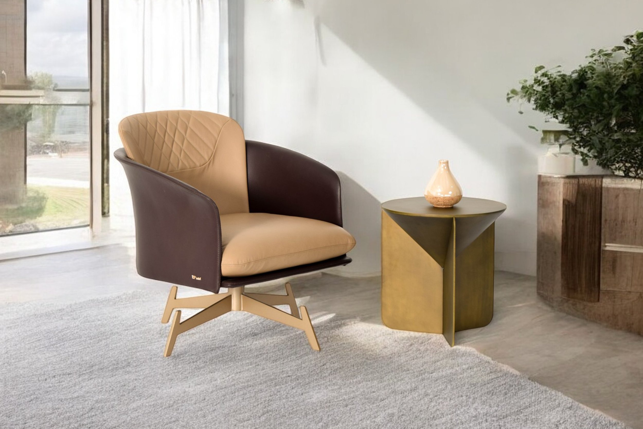 Roya burnished metal coffee table with chair
