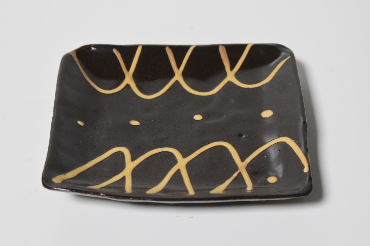 Square Plate with Iron Glaze and Trailed Design - 2