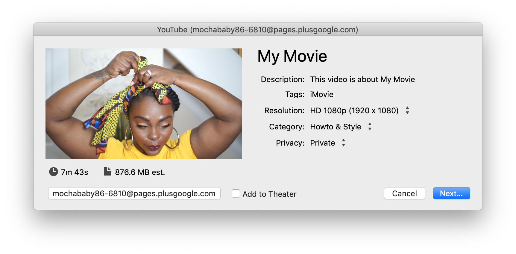 Screenshot of resolution upload to Youtube