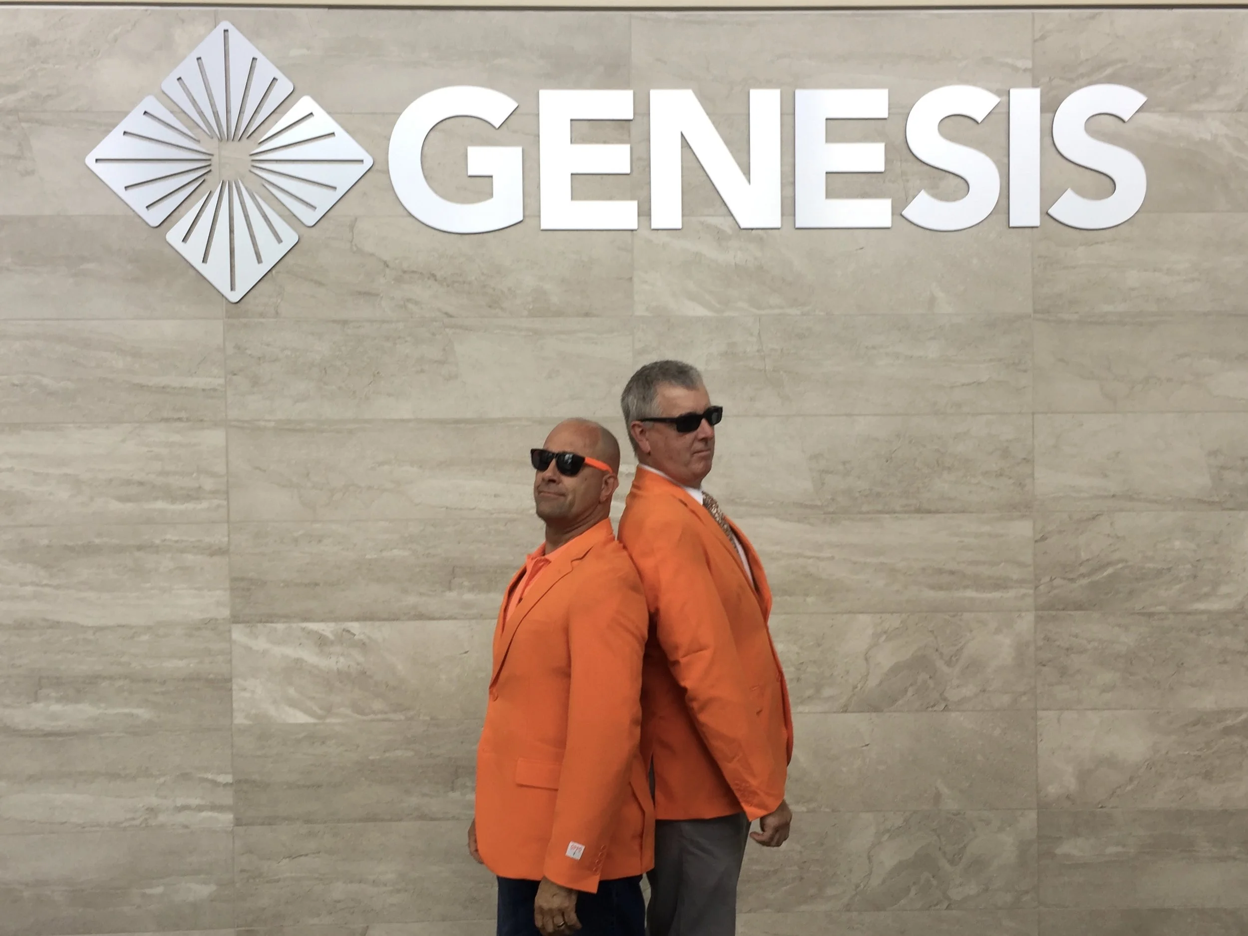 Brothers in Orange, at Genesis Health System in Davenport, Iowa. Greg Kaiser from ITLN and Bill Palladino. The Orange Frog, Happiness Advantage program from Shawn Achor and ITLN.