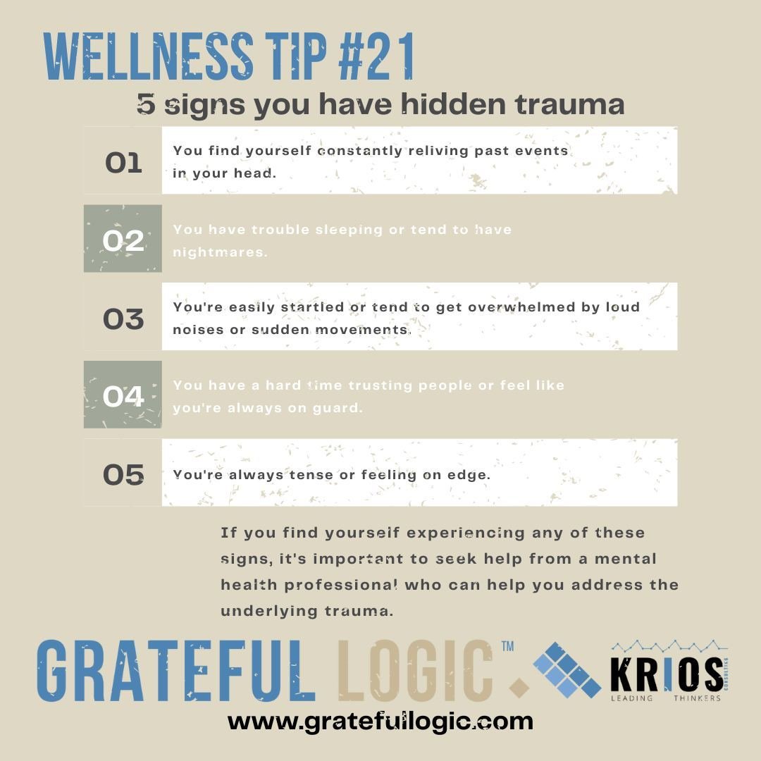 WELLNESS TIP #21: Hidden Trauma. Once experienced, trauma cannot be outrun. It lives within us and shows itself in different ways. Here are five signs. #trauma #wellness #gratefullogic