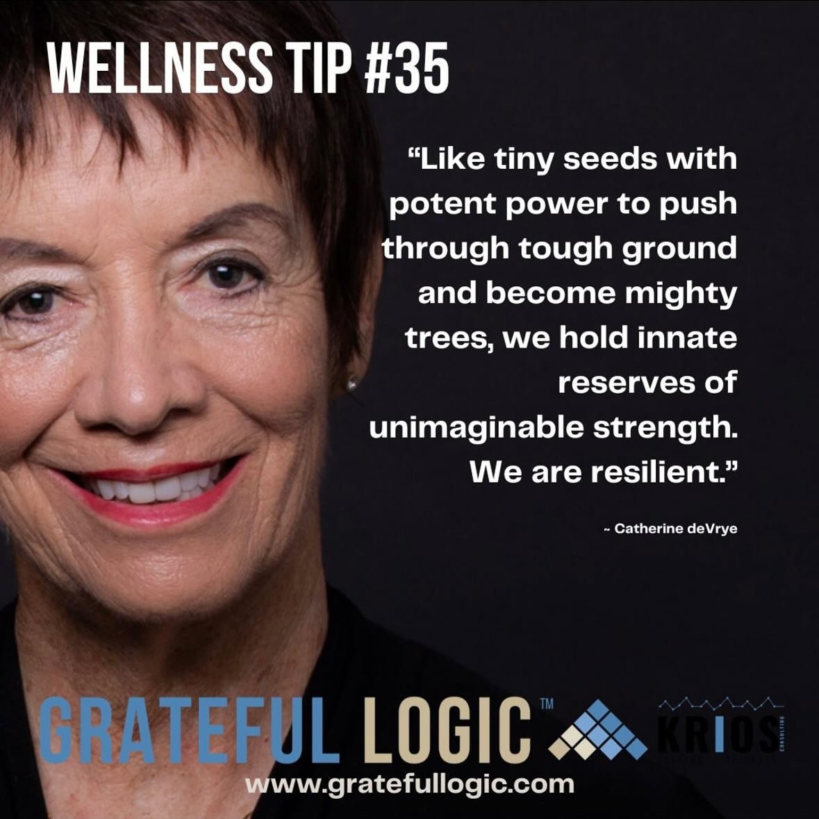 WELLNESS TIP #35: &ldquo;Like tiny seeds with potent power to push through tough ground and become mighty trees, we hold innate reserves of unimaginable strength. We are resilient.&rdquo; ~ Catherine deVrye

#resilience #gratefullogic #mentalhealth