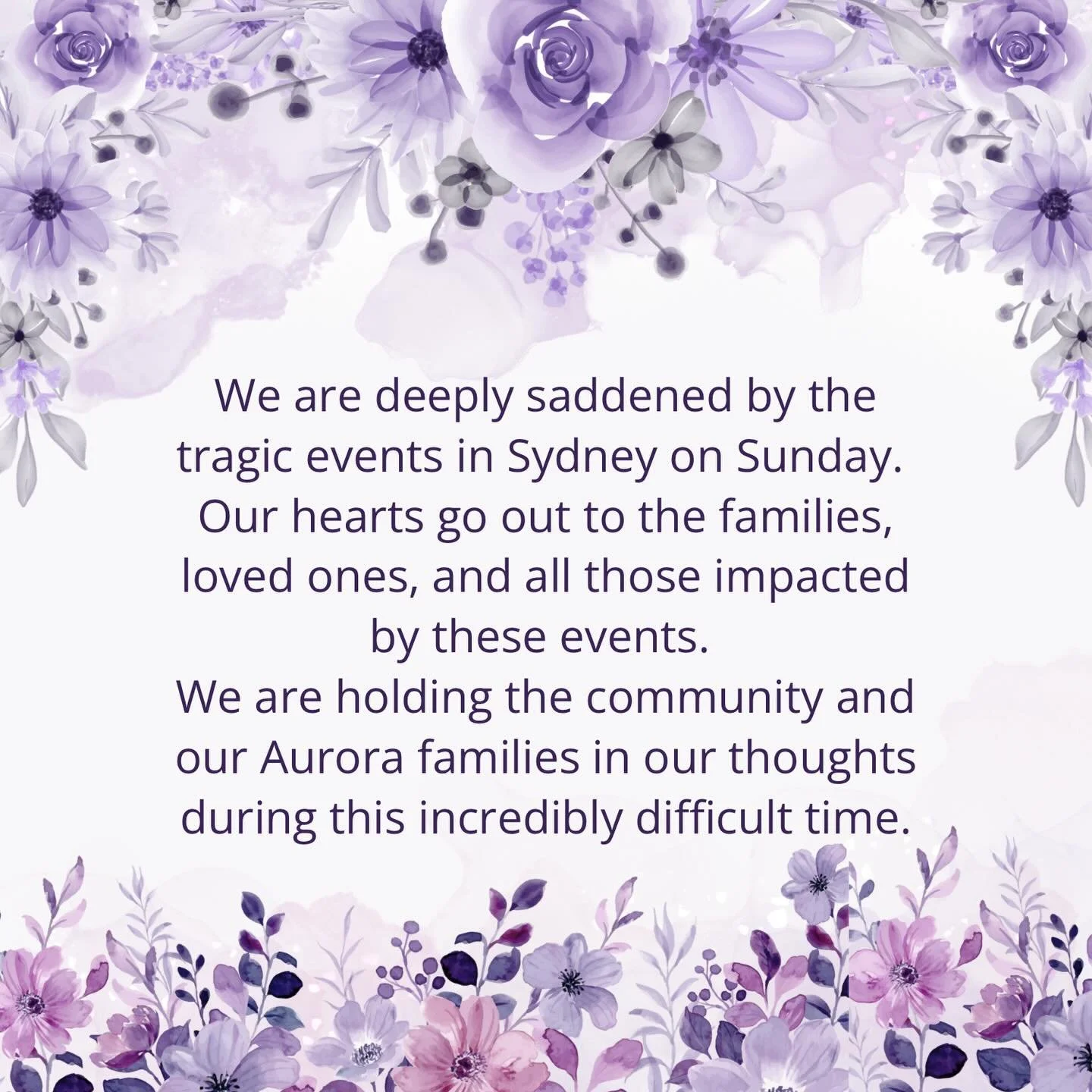 Our thoughts are with those families and communities that were impacted after the devastating events on Sunday. 

For our Aurora families who have been impacted, we are so sorry and will be thinking of you all in this difficult time 💜