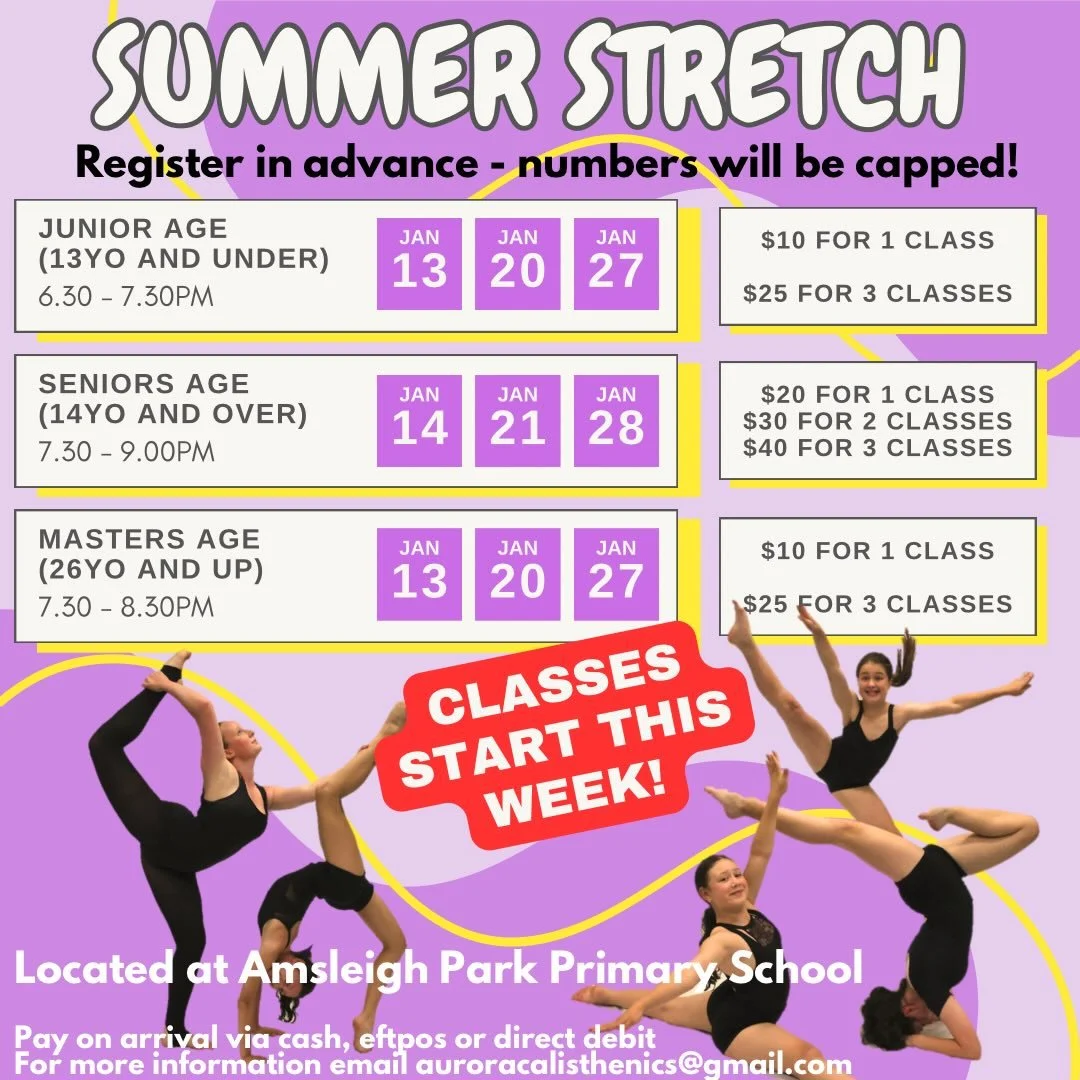 ✨Summer Stretch Starts This Week!✨
Our January Summer Stretch and Strength classes are kicking off this week! If you haven&rsquo;t already done so, register to the upcoming sessions via direct message or emailing auroracalisthenics@gmail.com

We are 