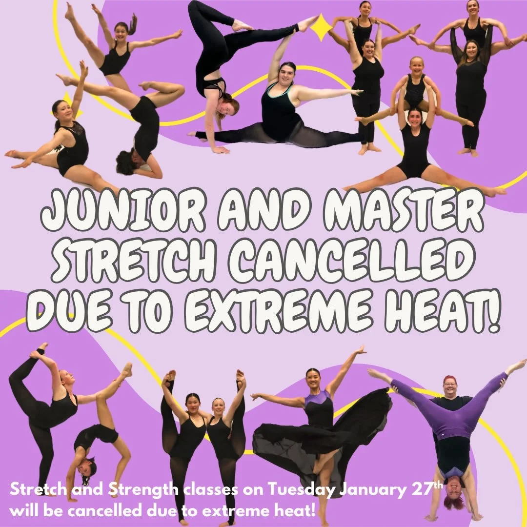 ⚠️Junior and Master Stretch - Cancelled due to extreme heat!⚠️

Due to the extreme heat conditions, our stretch classes scheduled for this Tuesday have been cancelled.
Please stay cool and safe - we&rsquo;ll see you soon 💜☀️

For anyone who has paid