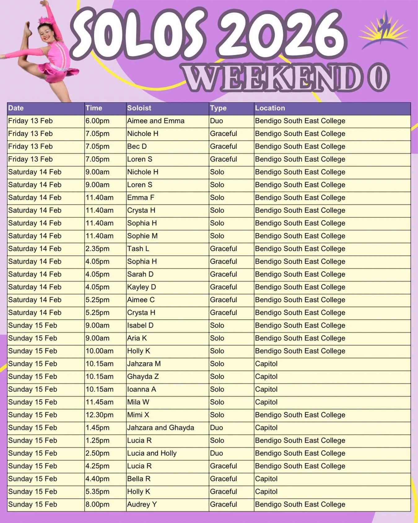 ✨Solos - Weekend 0✨
Good luck to all our soloists kicking off their competition season this weekend in Bendigo! We can&rsquo;t wait to see your hard work and determination shine on stage! Shine bright and be beautiful 💜💛