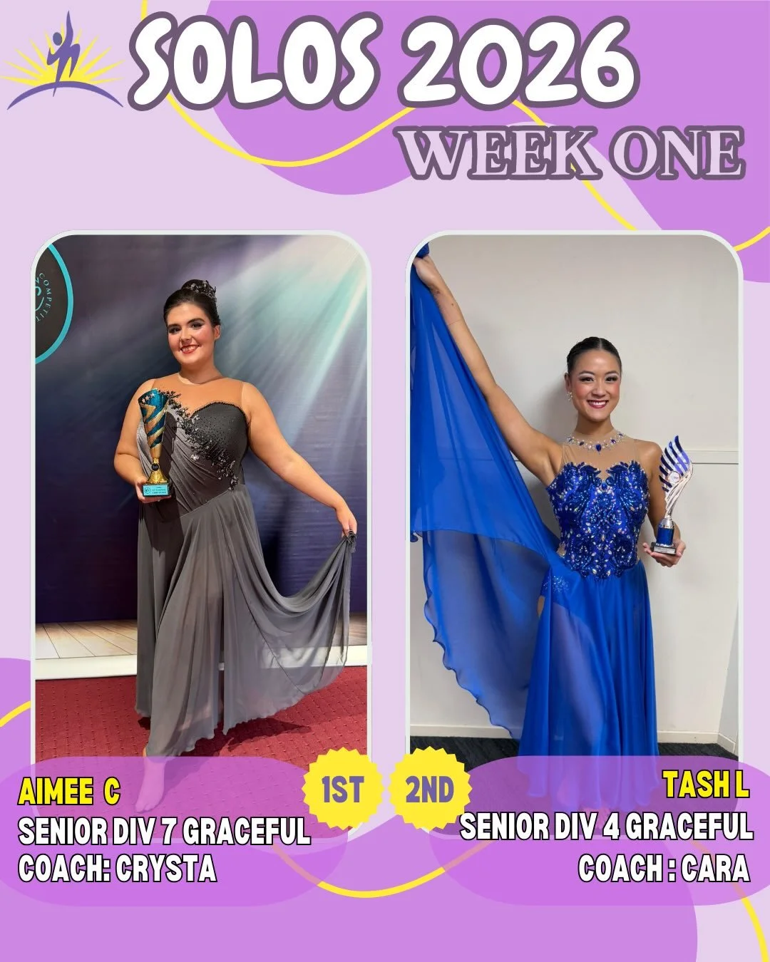 ✨Solos - Week 1✨
Congratulations to our amazing Aurorians who competed this weekend! 

🥇Aimee - Senior Graceful 7
🥈Tash - Senior Graceful 4
🥈Bec - Masters Graceful 26-35
🥉Sophie - Senior Physi 6
🥉Crysta - Senior Graceful 7
🥉Crysta - Senior Phys