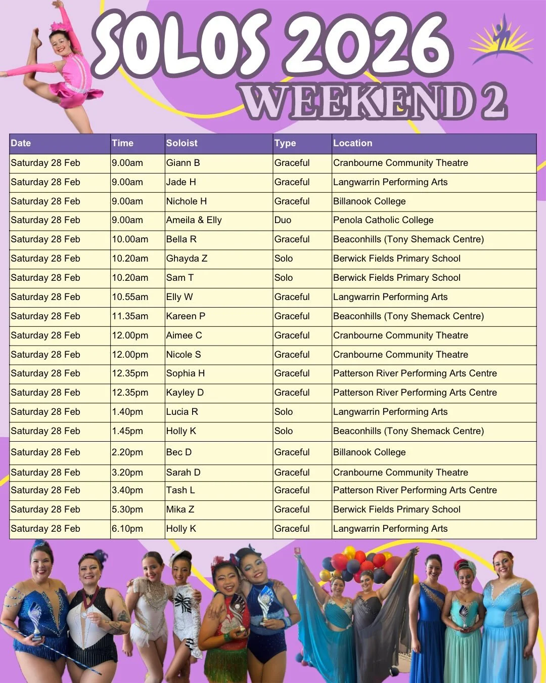 ✨Solos - Weekend 2✨
Good Luck to our fabulous Aurorians who are competing this weekend! Shine bright, be beautiful and have fun! Enjoy every moment on that stage!