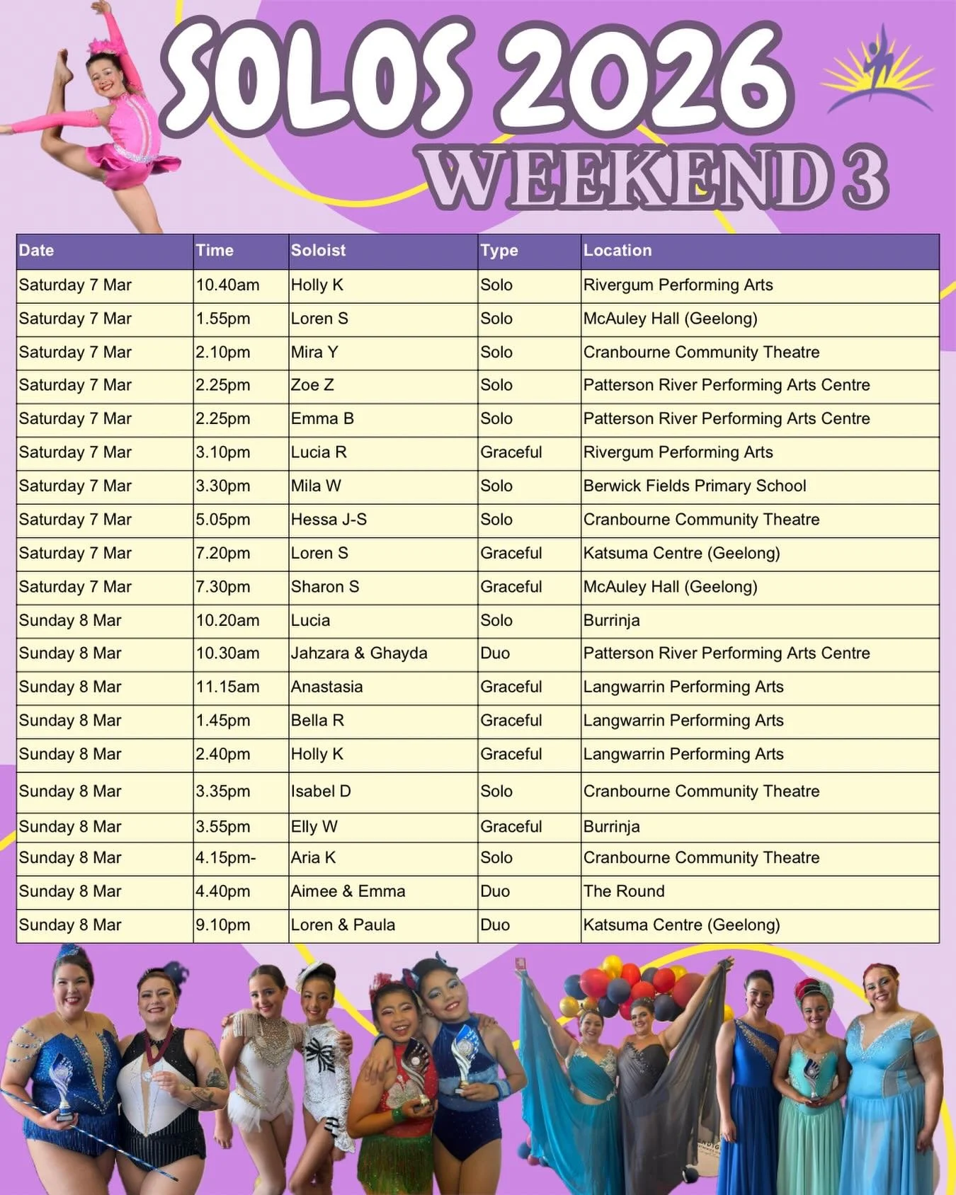 ✨Solos - Weekend 3✨
Good Luck to our fabulous Aurorians who are competing this weekend! Shine bright, be beautiful and have fun! Enjoy every moment on that stage!