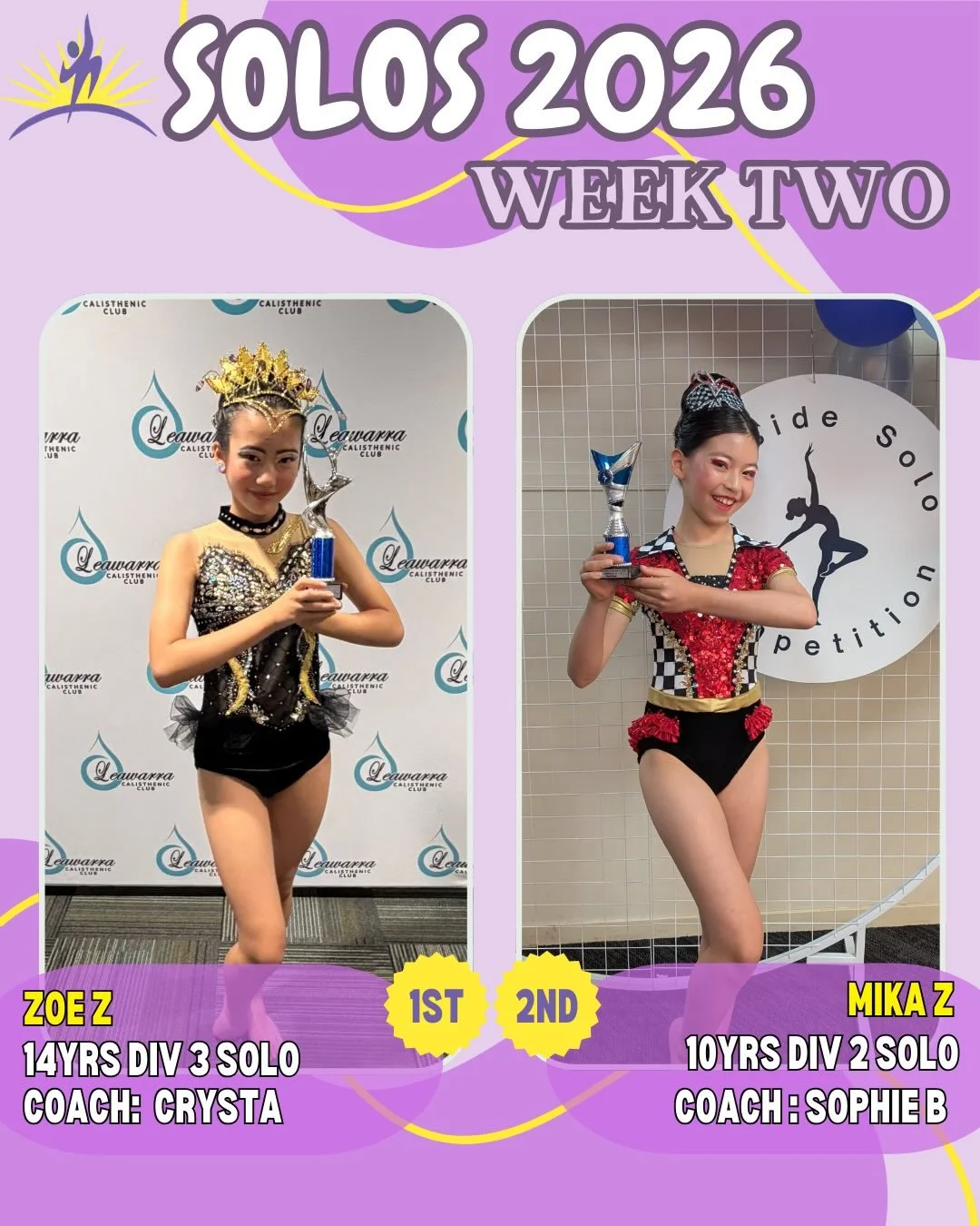 ✨Solos - Week 2✨
Congratulations to our amazing Aurorians who competed this weekend! You all performed so beautifully and we couldn&rsquo;t be more proud! 

🥇Zoe - 14yo Physi 3
🥈Mika - 10yo Physi 2 
🥈Lucia - 15yo Graceful 1
🥉Tash - Senior Gracefu