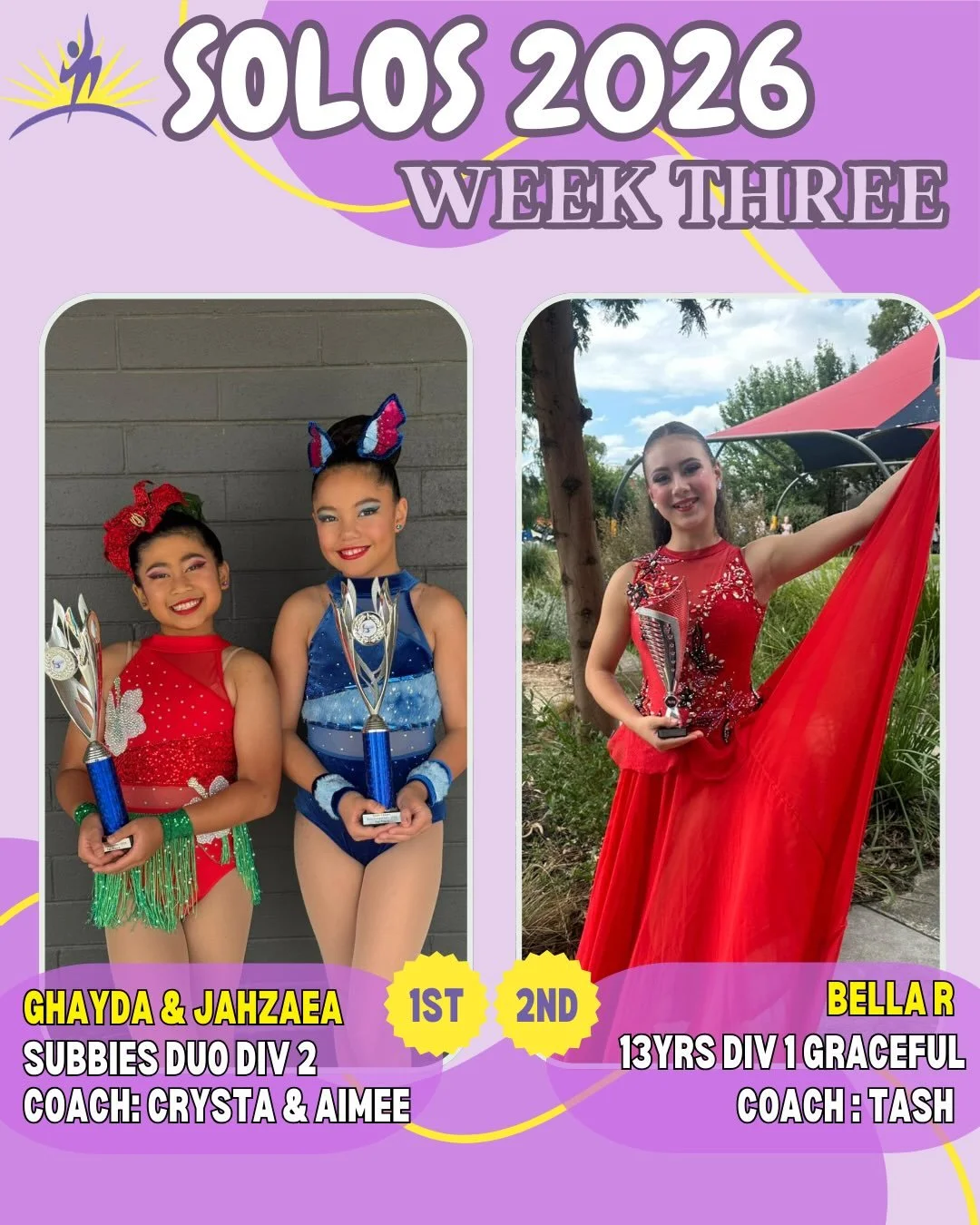 ✨Solos - Week 3✨
Congratulations to our amazing Aurorians who competed this weekend! You all performed so beautifully and we couldn&rsquo;t be more proud! 

🥇Jahzara &amp; Ghayda - Subbies Duo Div 2
🥈Bella - 13yo Graceful 1
🥈Zoe - 14yo Physi 3
🥉L