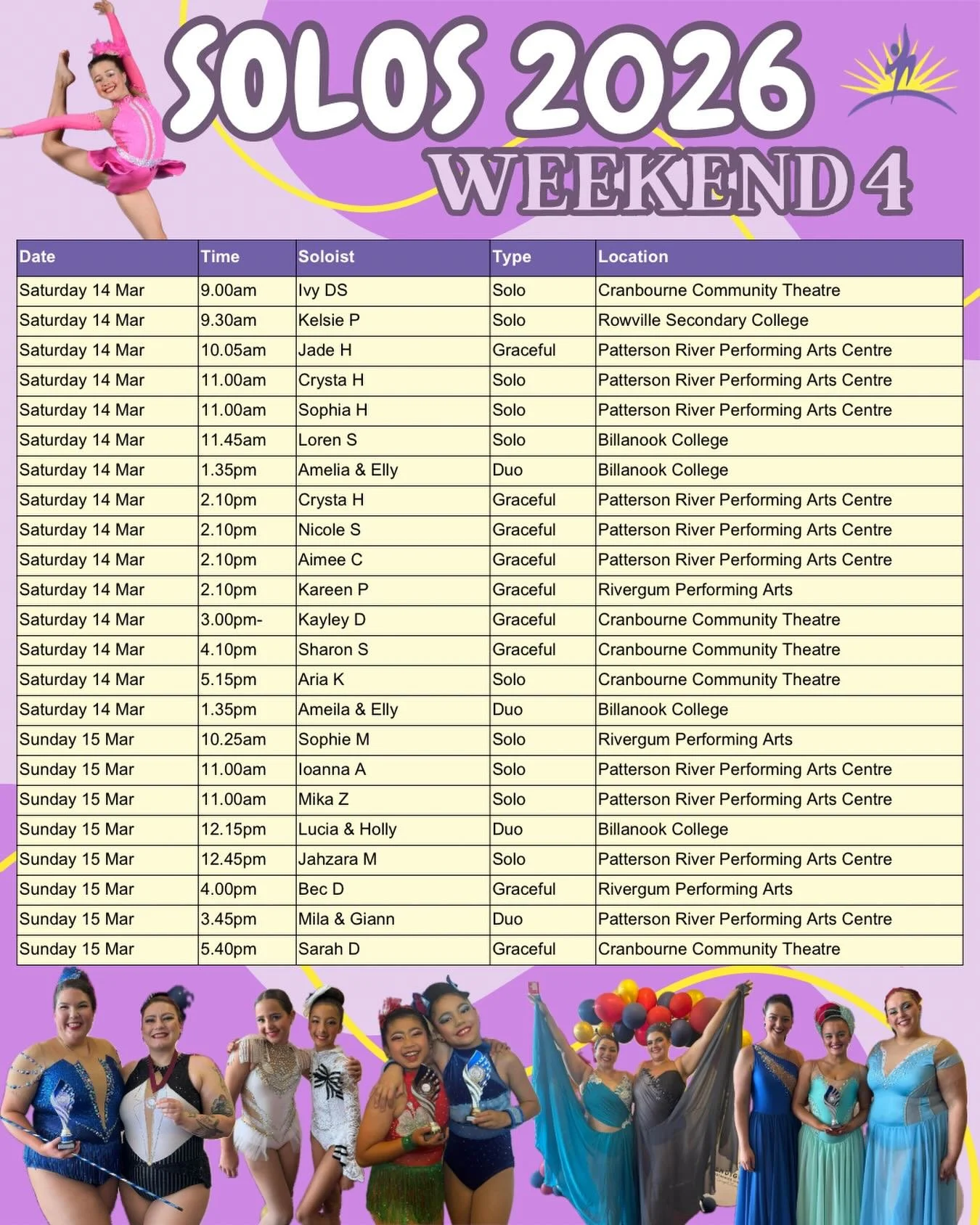 ✨Solos - Weekend 4✨
Good Luck to our fabulous Aurorians who are competing this weekend! Shine bright, be beautiful and have fun! Enjoy every moment on that stage!