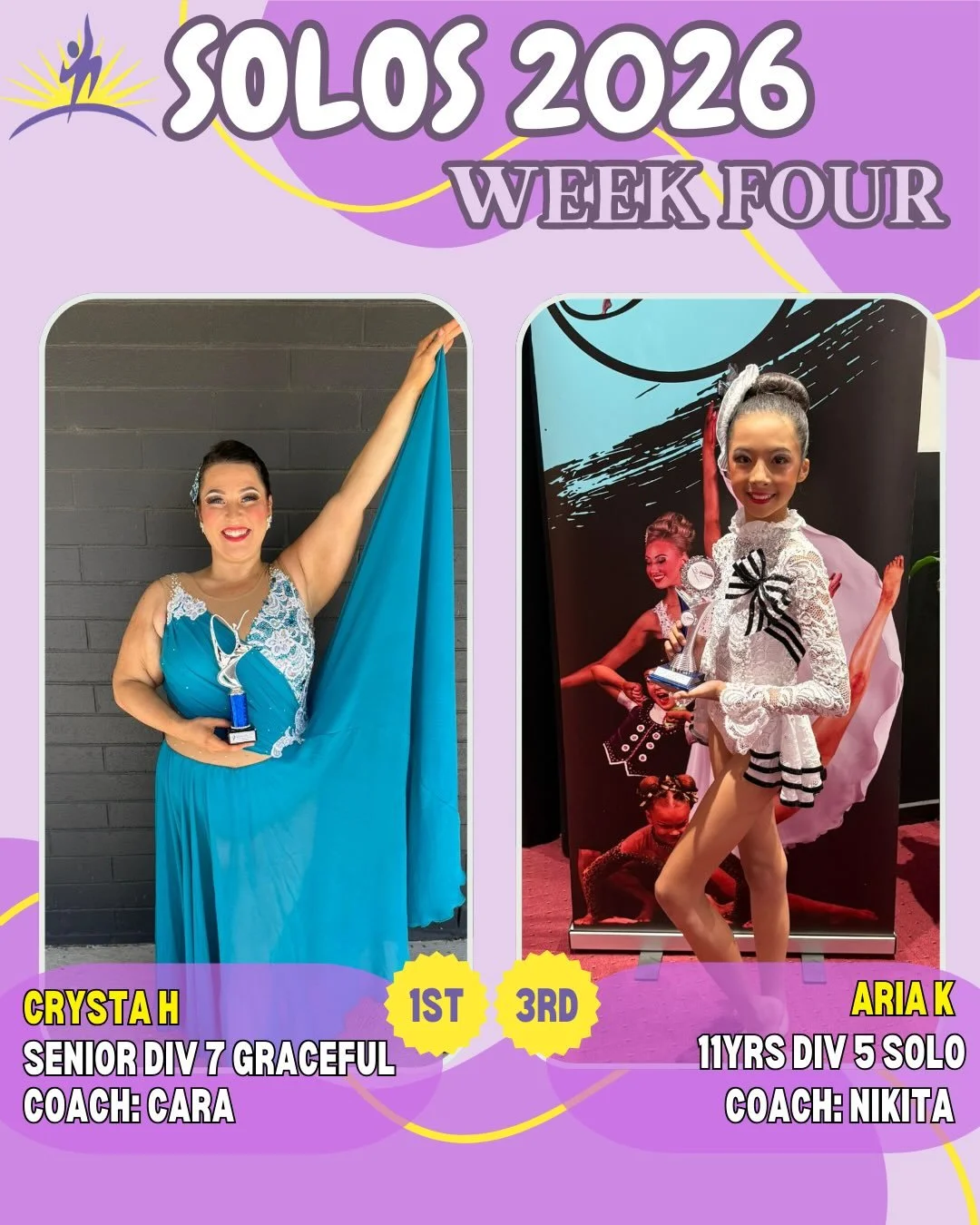 ✨Solos - Week 4✨
Congratulations to our amazing Aurorians who competed this weekend! You all performed so beautifully and we couldn&rsquo;t be more proud! 

🥇Crysta - Senior Graceful 7
🥉Aria - 11yo Physi 5
🥉Bec - Masters Graceful 26-35
🏅Elly &amp