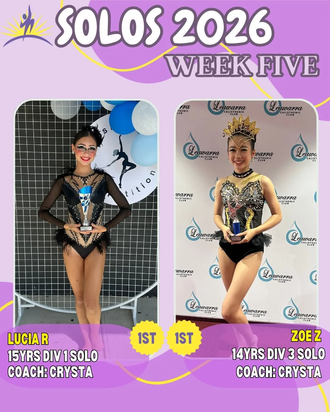 ✨Solos - Week 5✨
Congratulations to our amazing Aurorians who competed this weekend! You all performed so beautifully and we couldn&rsquo;t be more proud! 

🥇Lucia - 15yo Physi 1
🥇Zoe - 14yo Physi 3
🥉Lucia - 15yo Graceful 1 
🥉Holly - 14yo Physi 2