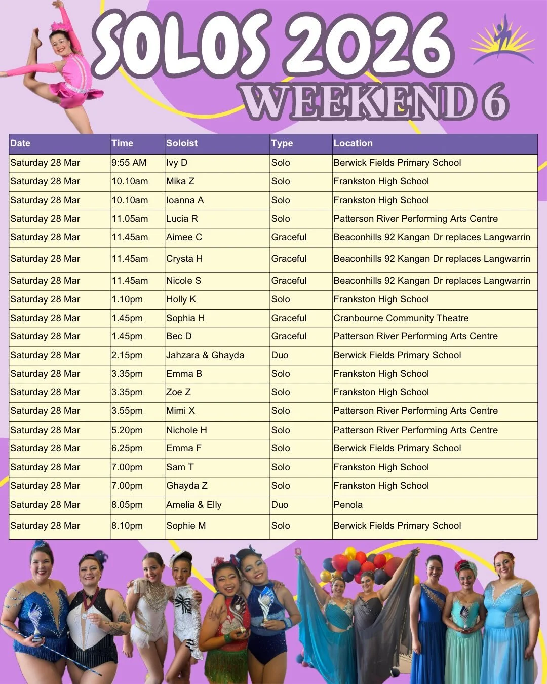 ✨Solos - Weekend 6✨
Good Luck to our fabulous Aurorians who are competing this weekend! What an absolutely massive weekend!! Shine bright, be beautiful and have fun! Enjoy every moment on that stage!