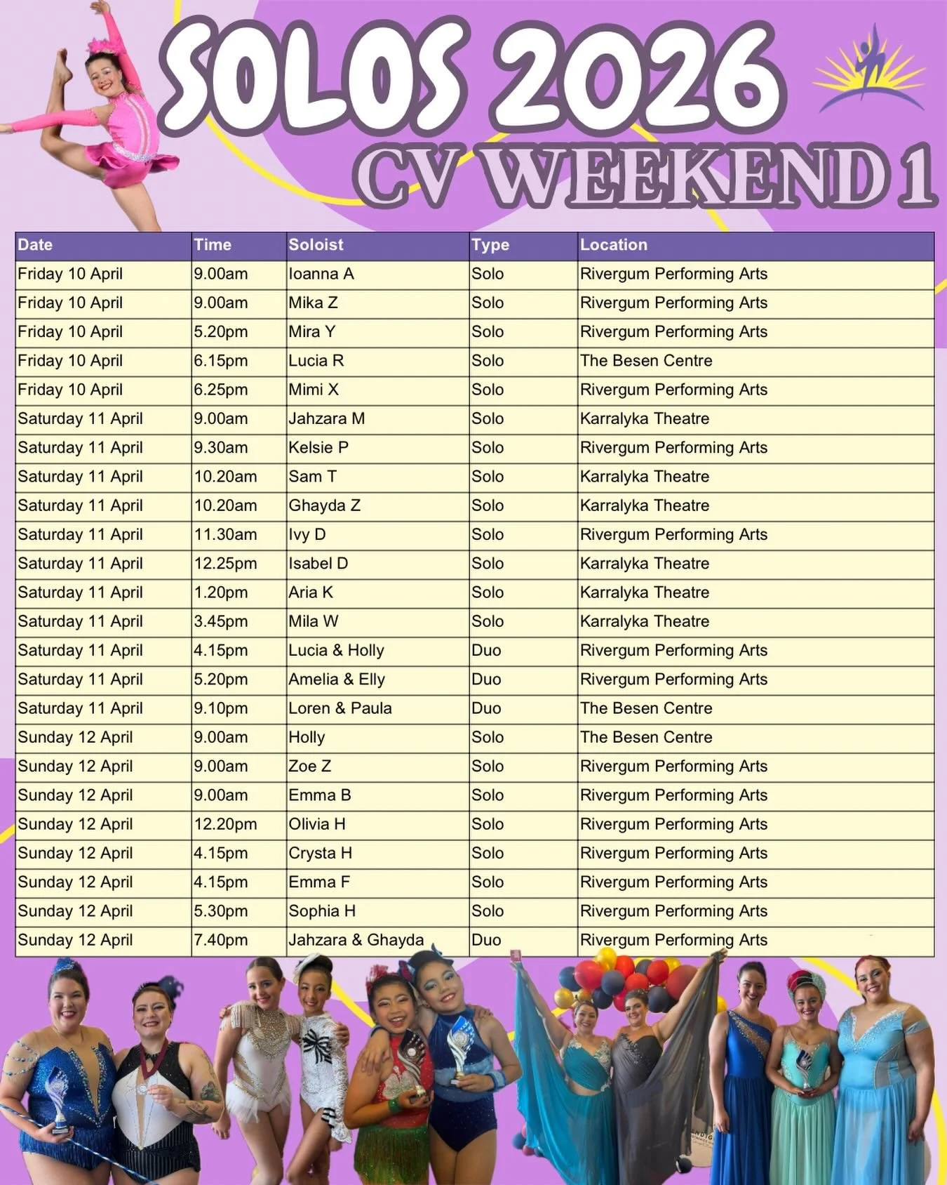 ✨Solos - CV Weekend 1✨
Good Luck to our fabulous Aurorians who are first up to compete this weekend at their Calisthenics State Championships! Shine bright, be beautiful and have fun! Enjoy every moment on that stage!