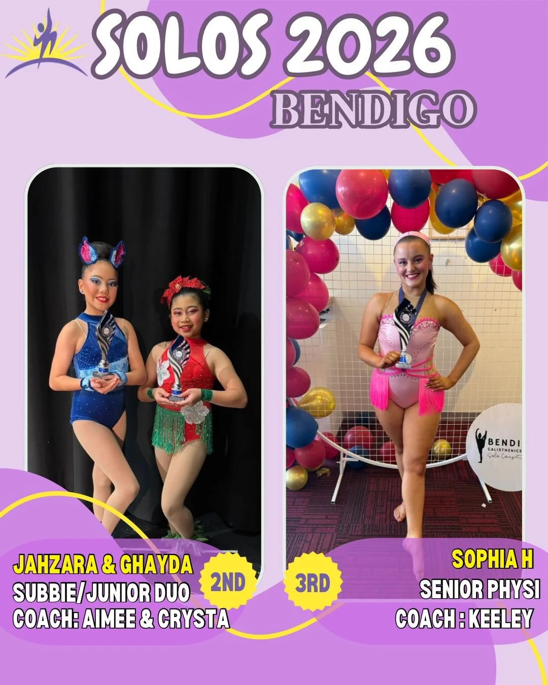 ✨Solos - Bendigo - Revised Places✨
We are celebrating our soloists who had revised places for the Bendigo competition earlier this year! Congratulations to all! 

Revised Places:
🥈Jahzara &amp; Ghayda - Subbie/Junior Duo
🥉Sophia - Senior Physi 
🥉A