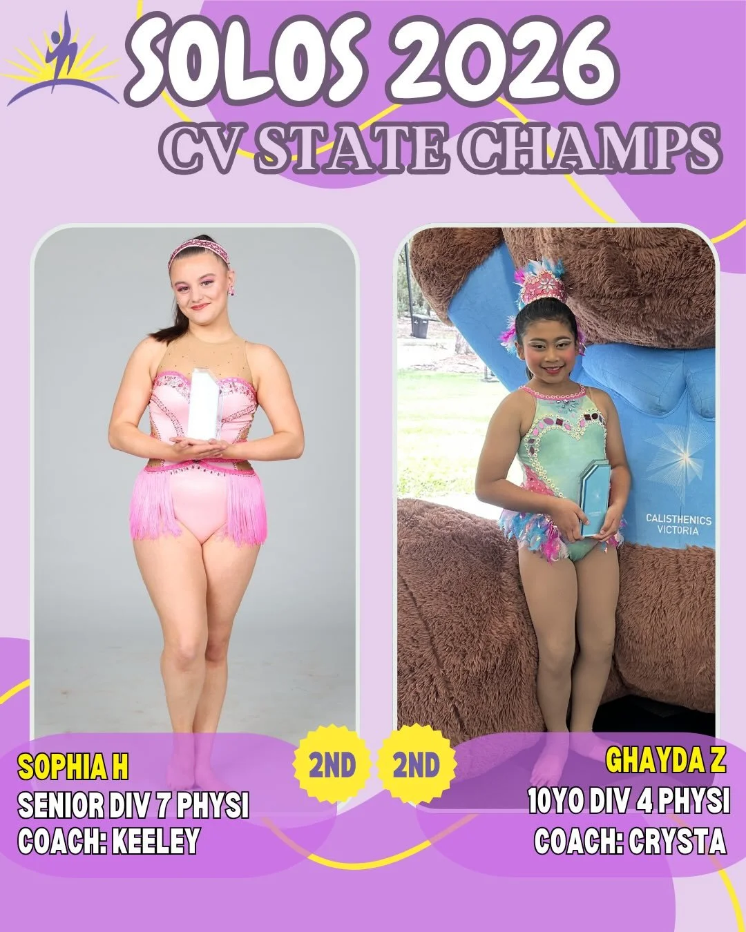 ✨Solos - State Champs✨
Congratulations to our fabulous pupils who competed at their State Titles for their physi routines! 

🥈Sophia - Senior Physi
🥈Ghayda - 10yo Physi
🥉Lucia - 15yo Physi 
🥉Crysta - Senior Physi
🏅Holly - 14yo Physi - HM
🏅Mira 