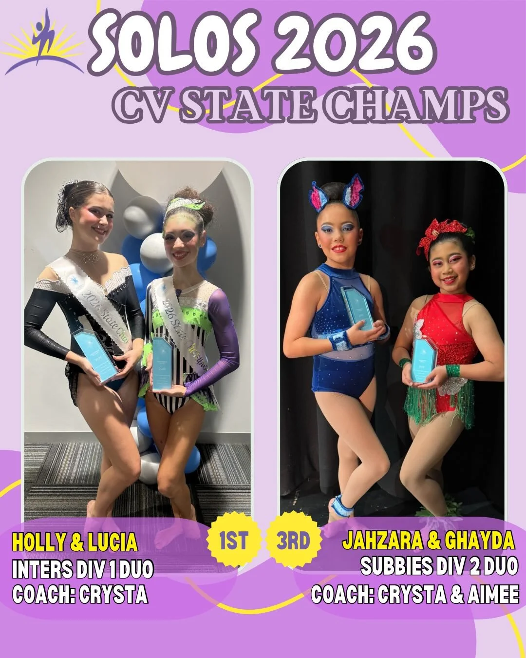 ✨Duo - State Champs✨
Congratulations to our fabulous pupils who competed at their State Titles for their duo routines! 

A special congratulations to our incredible State Champions 

🥇Holly and Lucia - Inters Div 1
🥉Jahzara and Ghayda - Subbie Div 