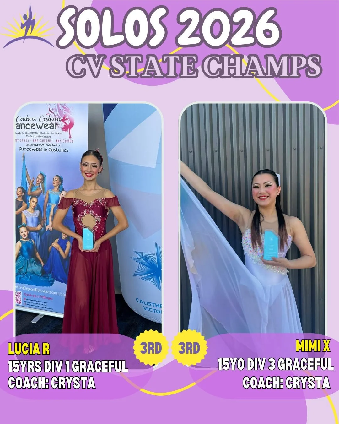 ✨Graceful - State Titles✨
Congratulations to our fabulous graceful soloists who competed at their State Titles! 

🥉Lucia - 15yo Graceful
🥉Mimi - 15yo Graceful 
🏅Crysta - Senior Graceful - HM
🏅Holly - 14yo Graceful - HC 
🏅Nicole - Senior Graceful