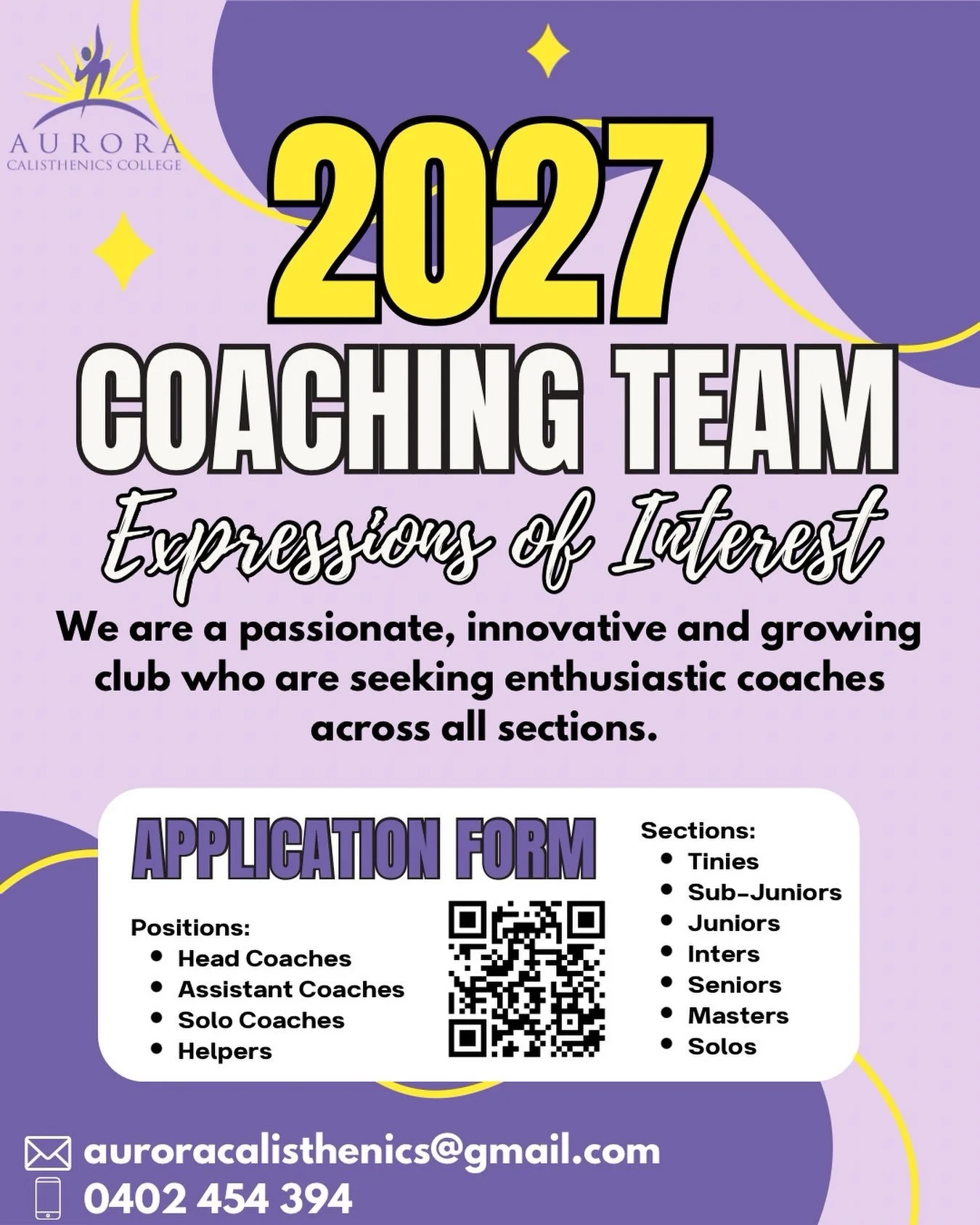 💜2027 Coaching Team Expressions of Interest💜
*Note: QR code has been fixed and updated*
As the new year approaches, we are seeking enthusiastic and passionate coaches who are interested in joining our innovative and tight knit coaching team! As our