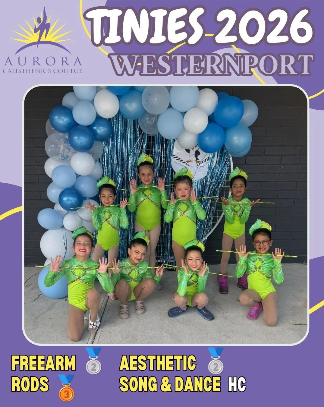 Congratulations to the wonderful Aurora Tinies team on their performance at Westernport.
🥈Freearm
🥉Rods
🥈Aesthetics
🏅Song &amp; Dance (HC)
