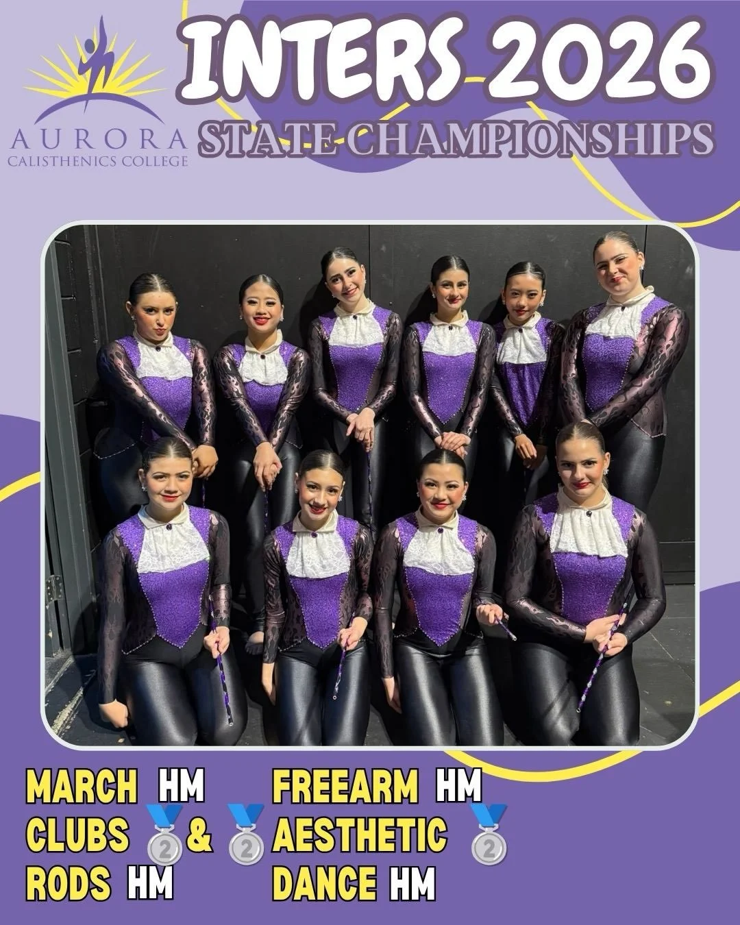 Congratulations to the Aurora Inter team on their performance at the State Championships!
🏅March (HM)
🥈 &amp; 🥈Clubs
🏅Rods (HM)
🏅Freearm (HM)
🥈Rhythmical Aesthetics
🏅Dance Arrangement (HM)