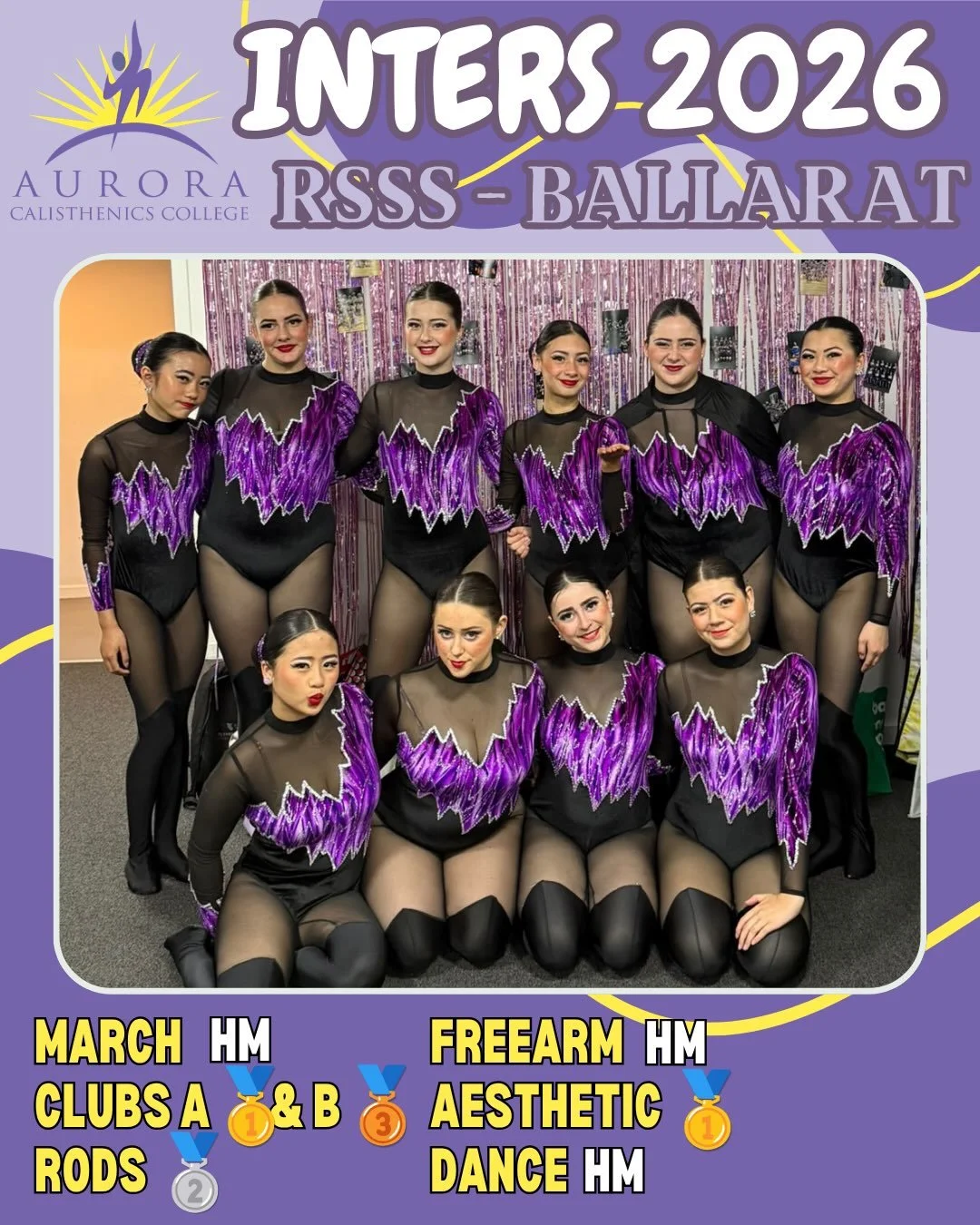 Congratulations to the Aurora Inter team on their performance at Royal South Street (R.S.S.S.) Ballarat! 
🏅March (HM)
🥇(A) &amp; 🥉(B) Clubs
🥈Rods
🏅Freearm (HM)
🥇Rhythmical Aesthetics
🏅Dance Arrangement (HM)
They were also winners of the perpet