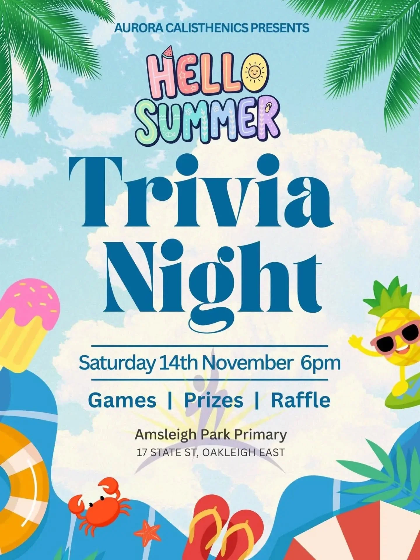 ☀️🌊 Our 27th Annual Trivia night is almost here! 🌊☀️

As we welcome the warm weather, bring those summer vibes and come on down for a night full of trivia, games and incredible prizes! ⛱️

When: Saturday November 14th
Time: 6.00-9.30pm
Where: Amsle